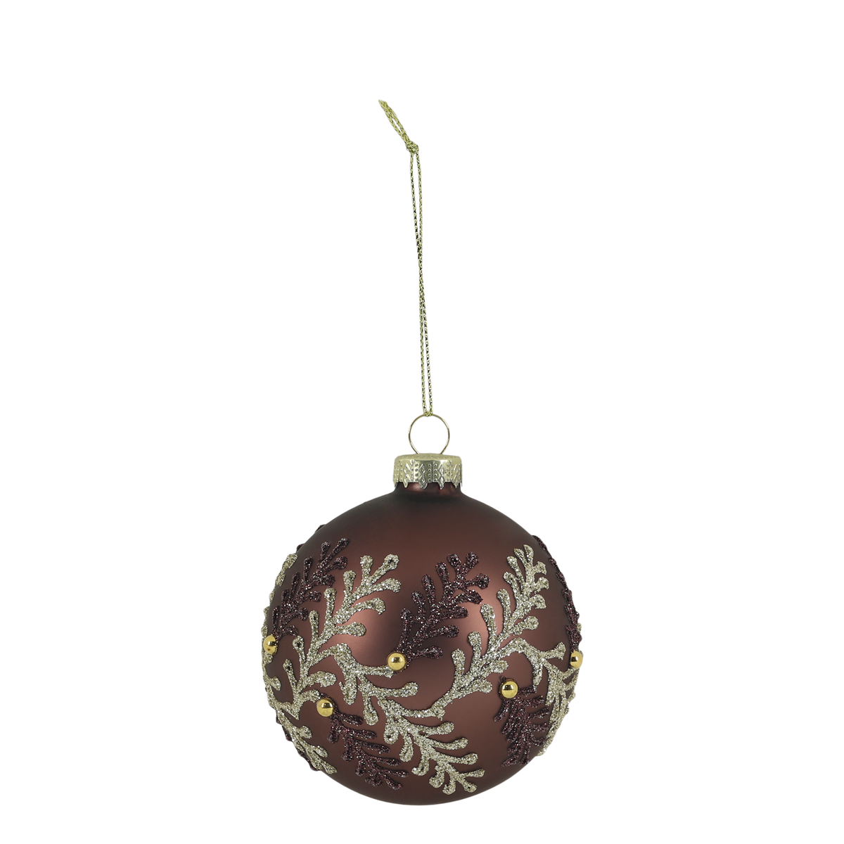 Weihnachtskugel aus Glas mit Zweigen, 8 cm, Mokka