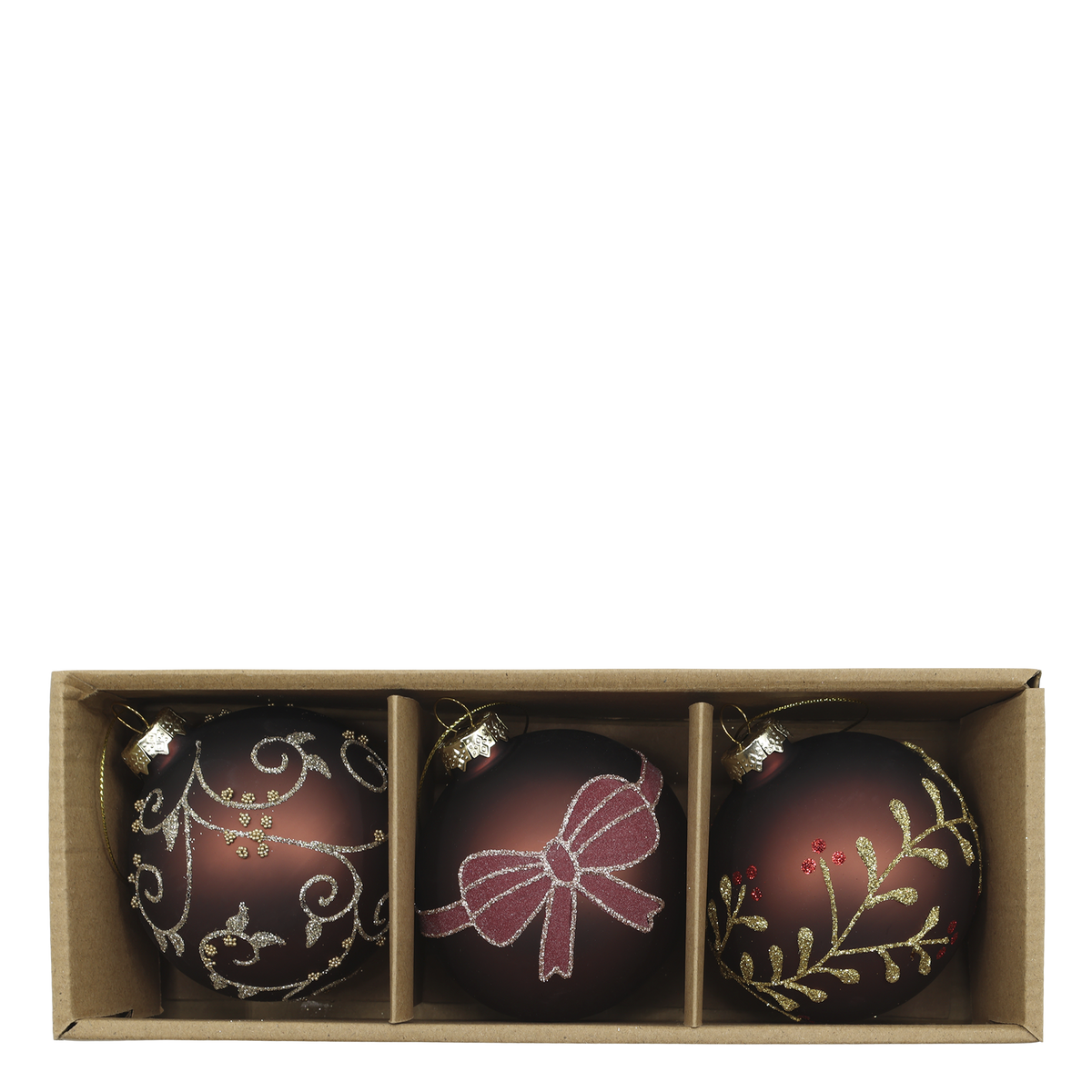 Weihnachtskugeln Set aus Glas, 3er, Mokka