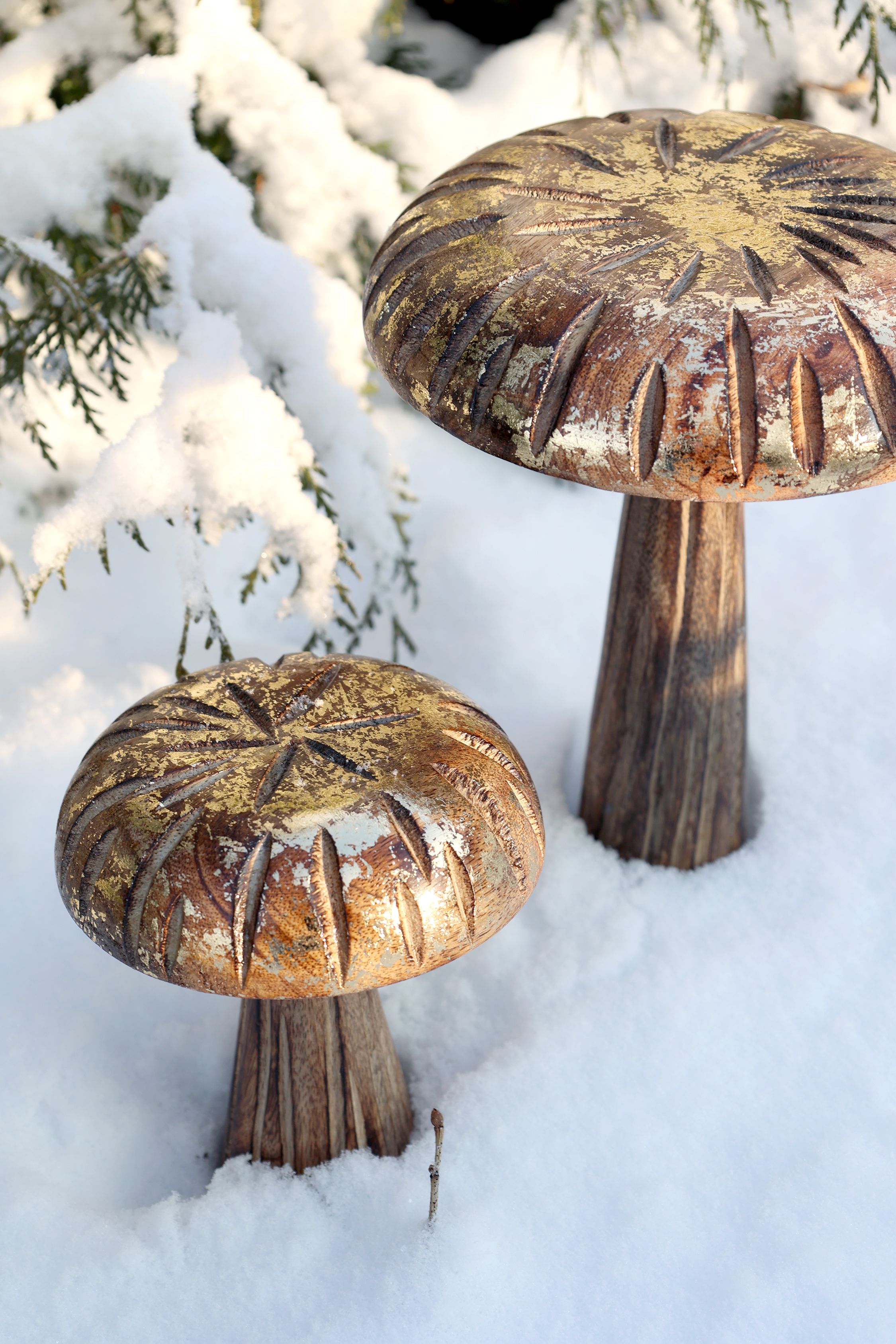 Deko Pilze aus Mangoholz mit Glitzer, 2er-Set, 25 cm