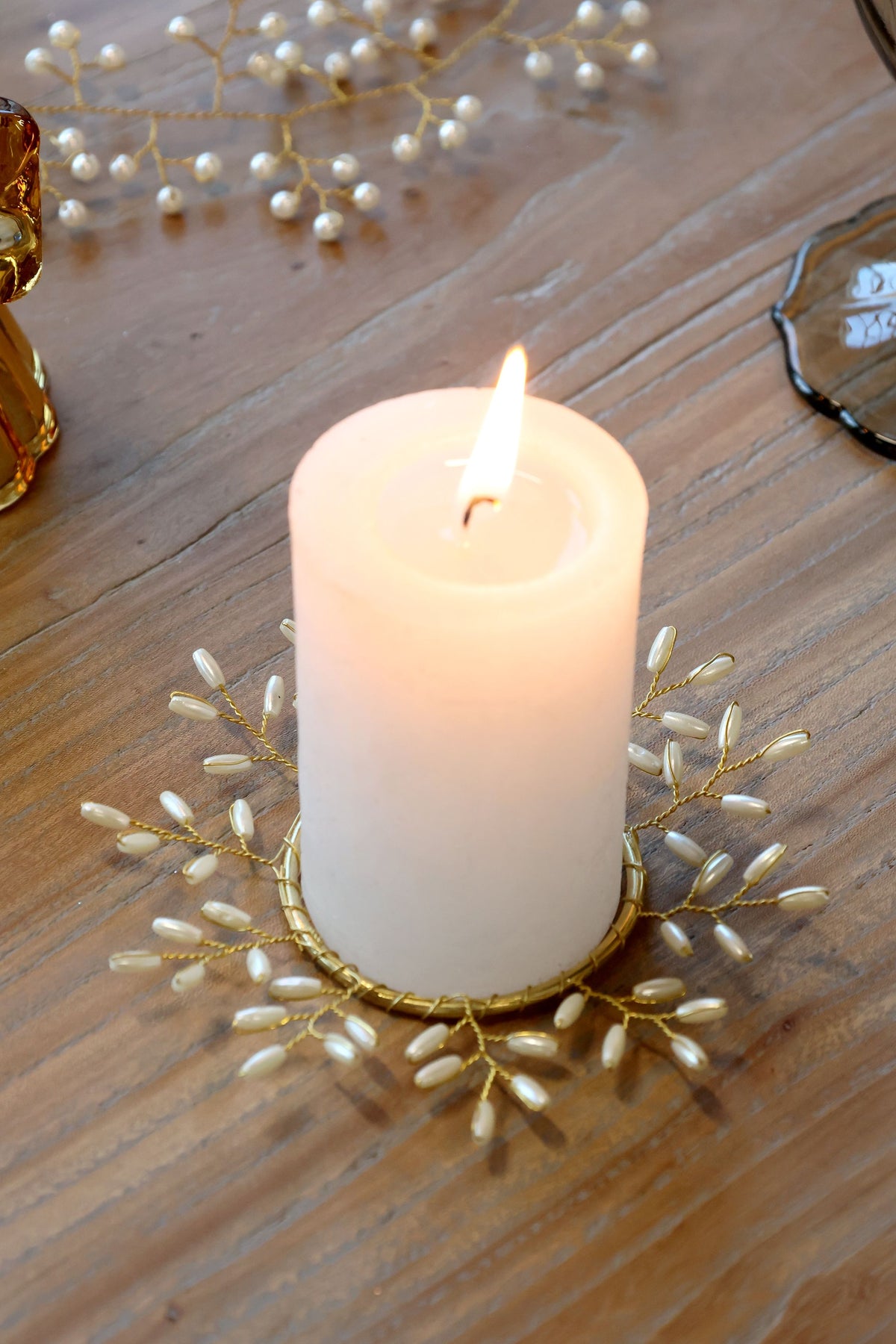 Kränze mit Perlen für Kerzen, 2er-Set, creme