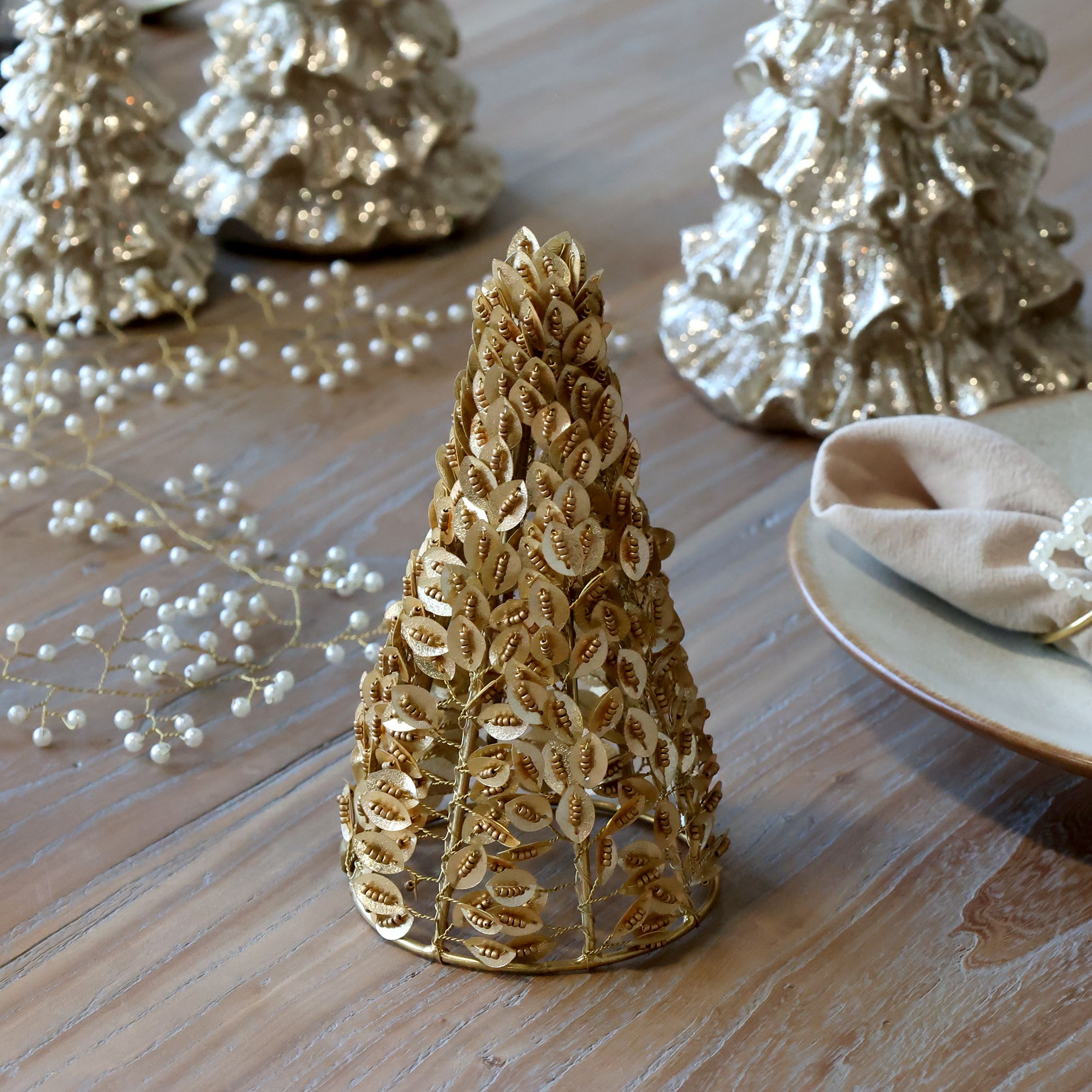 Weihnachtsbaum mit Perlen und Blättern, champagner, 17 cm