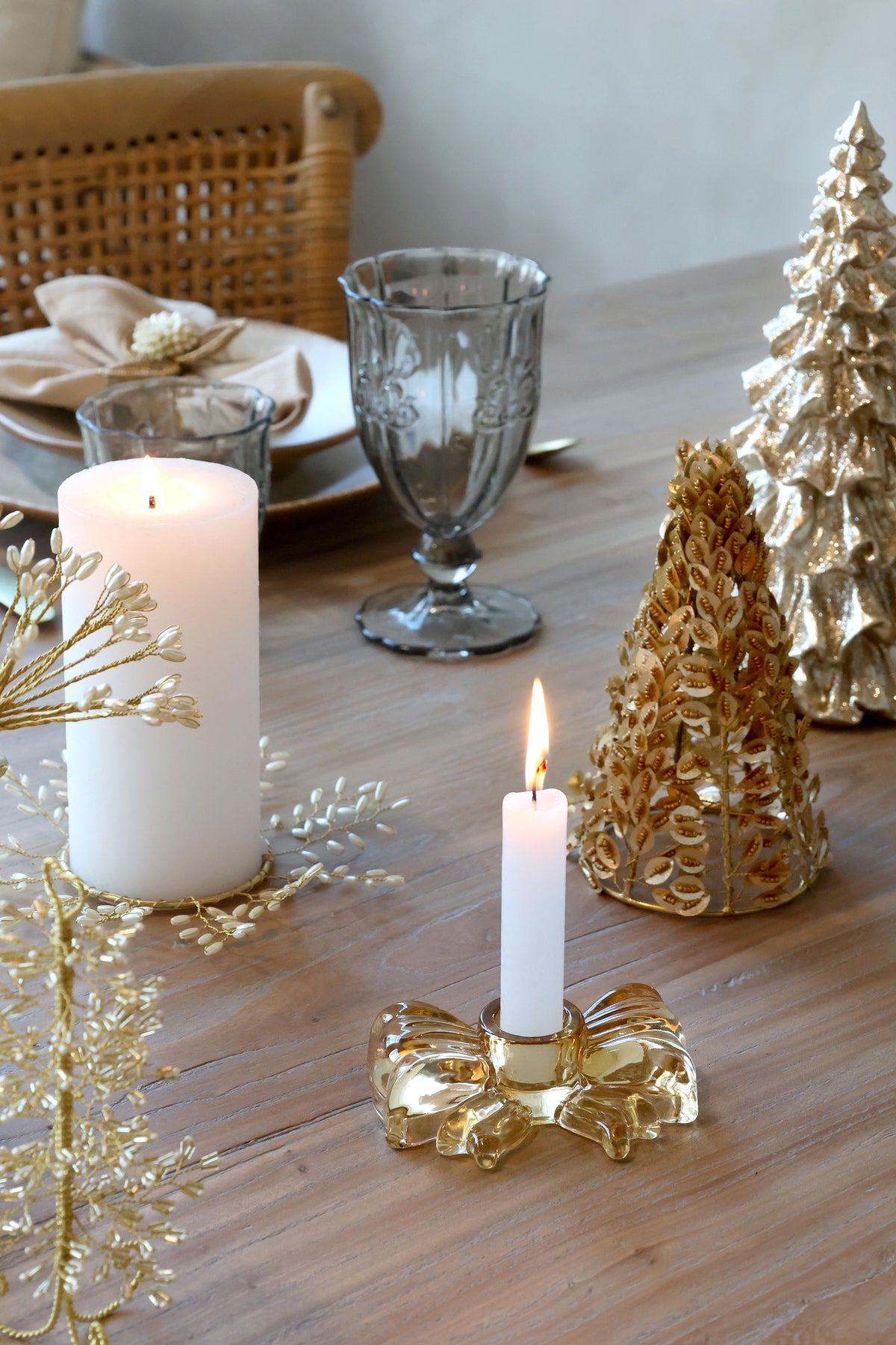 Weihnachtsbaum mit Perlen und Blättern, champagner, 17 cm