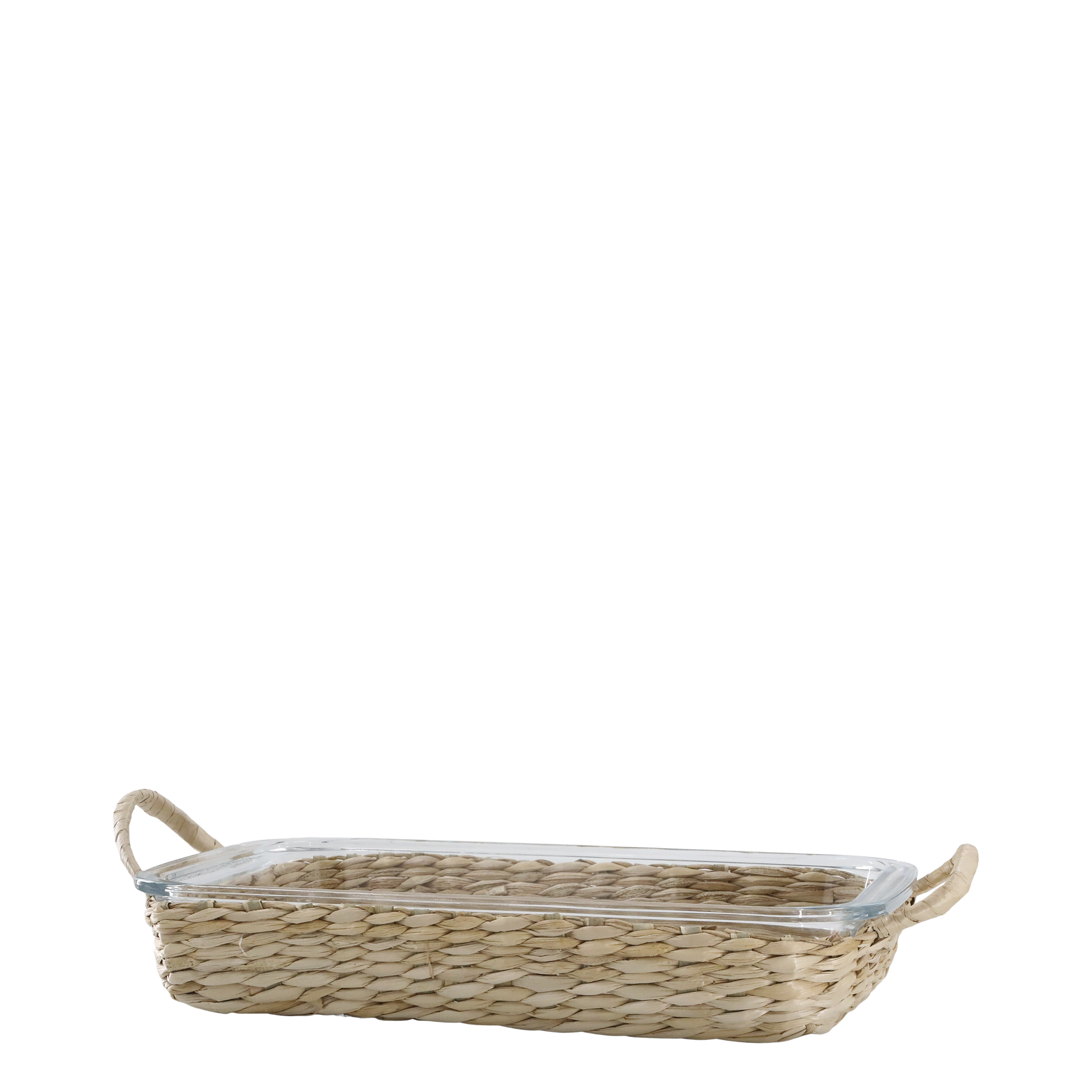 Tablett mit Flechtkorb aus Glas und Rohrkolben, 34,5 cm lang