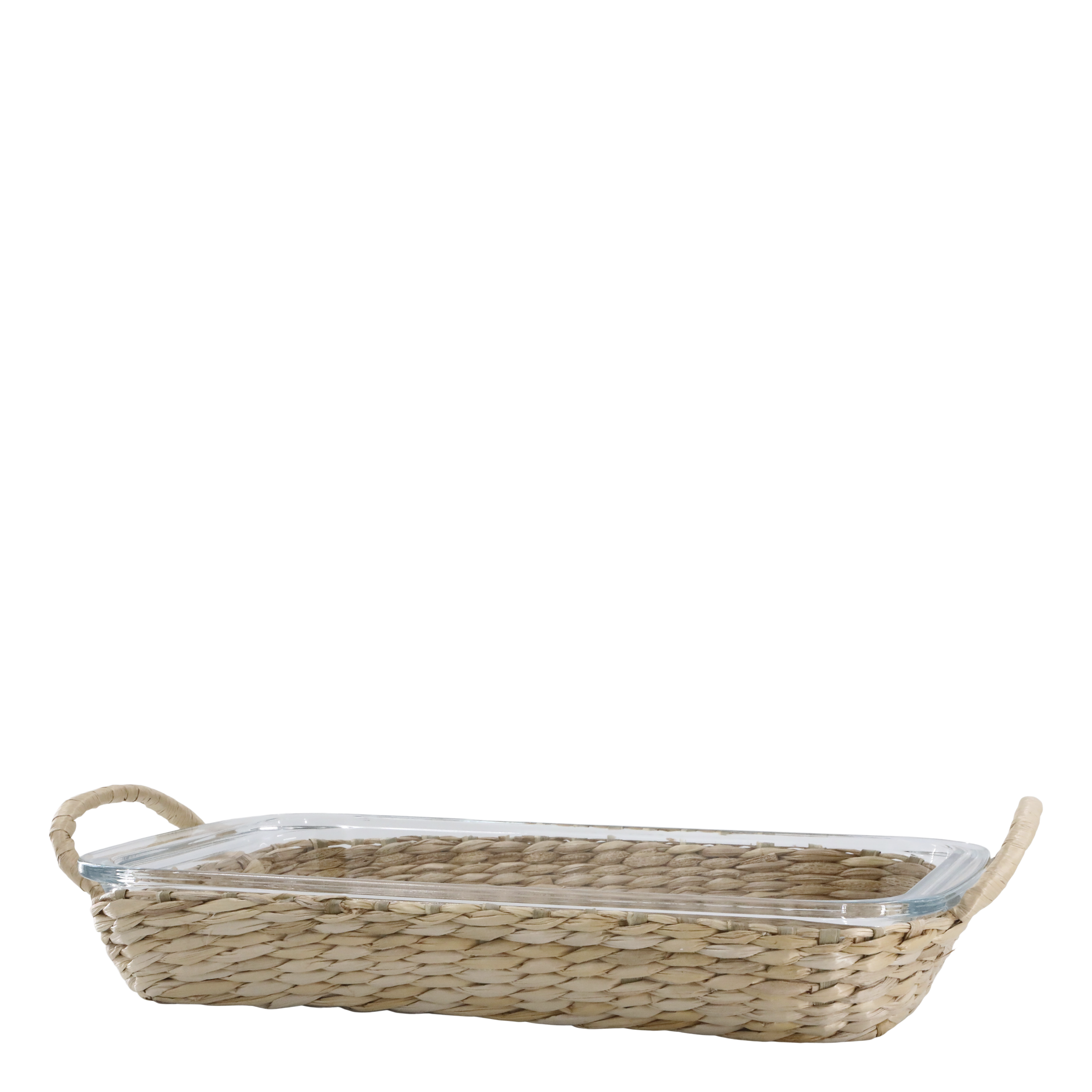 Tablett mit Flechtkorb aus Glas und Rohrkolben, 39,5 cm lang