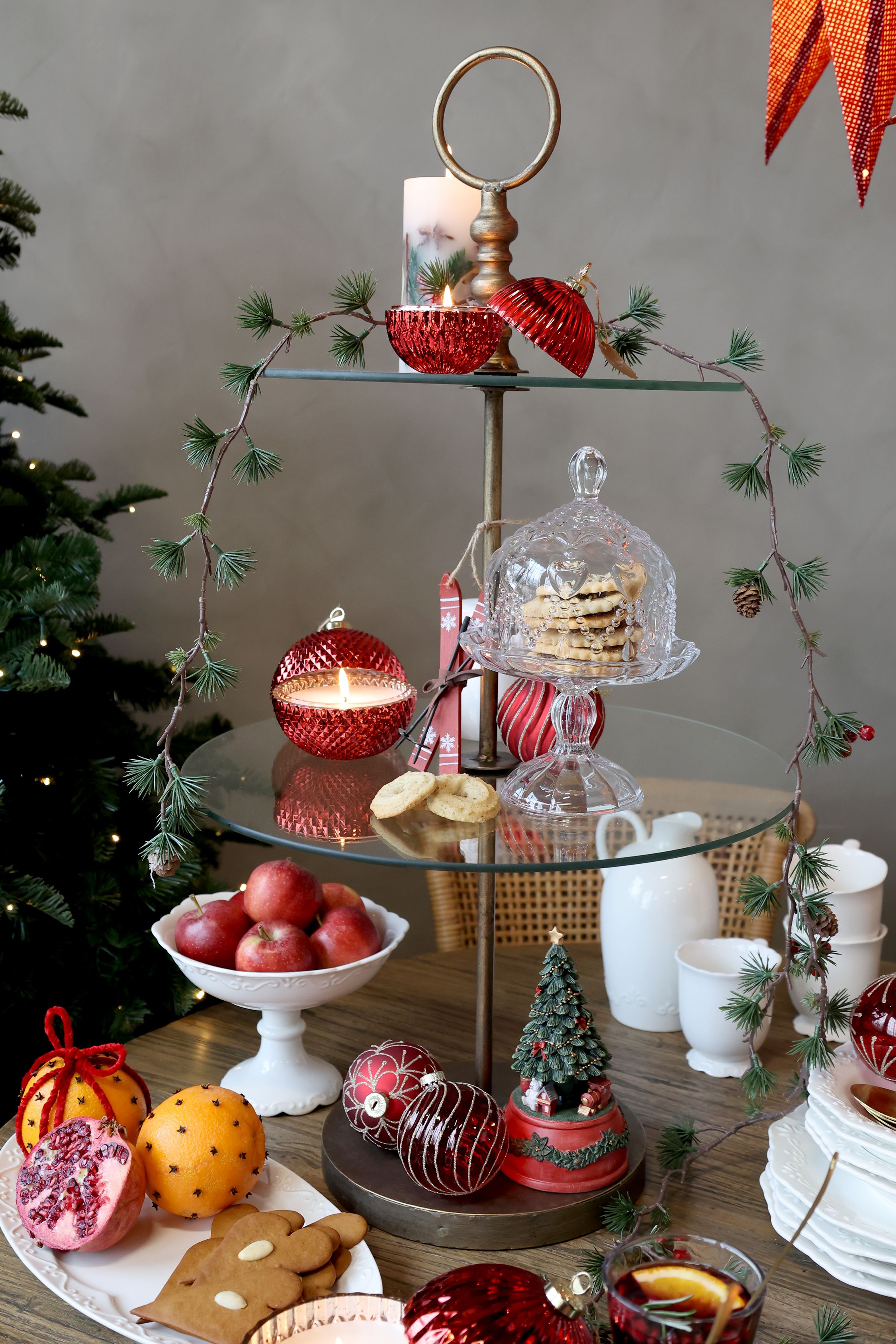 Etagere mit 2 Glasschüsseln, antique messing, 45 cm