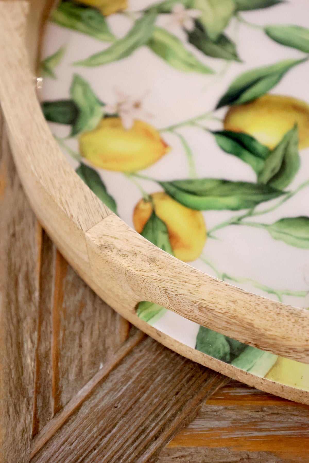 Deko Tablett aus Mangoholz mit Zitronenmotiv, 35 cm