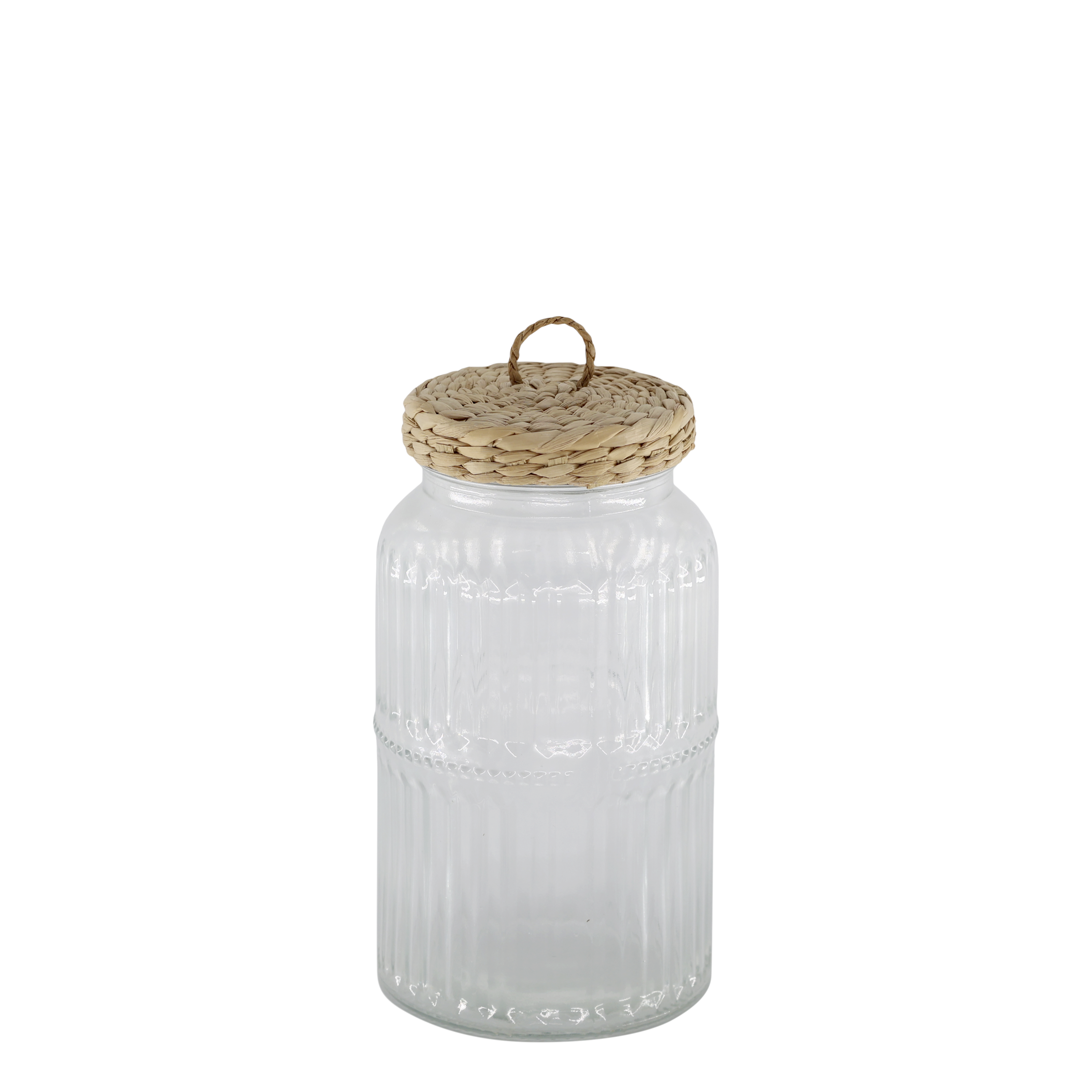 Aufbewahrungsglas mit Deckel aus Glas und Rohrkolben