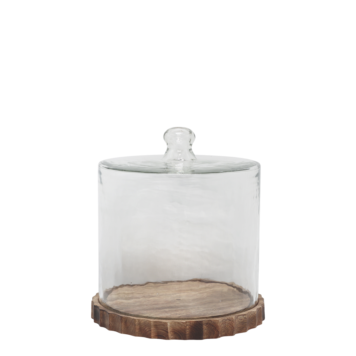 Glasglocke auf Tablett aus Mangoholz, 25 cm hoch