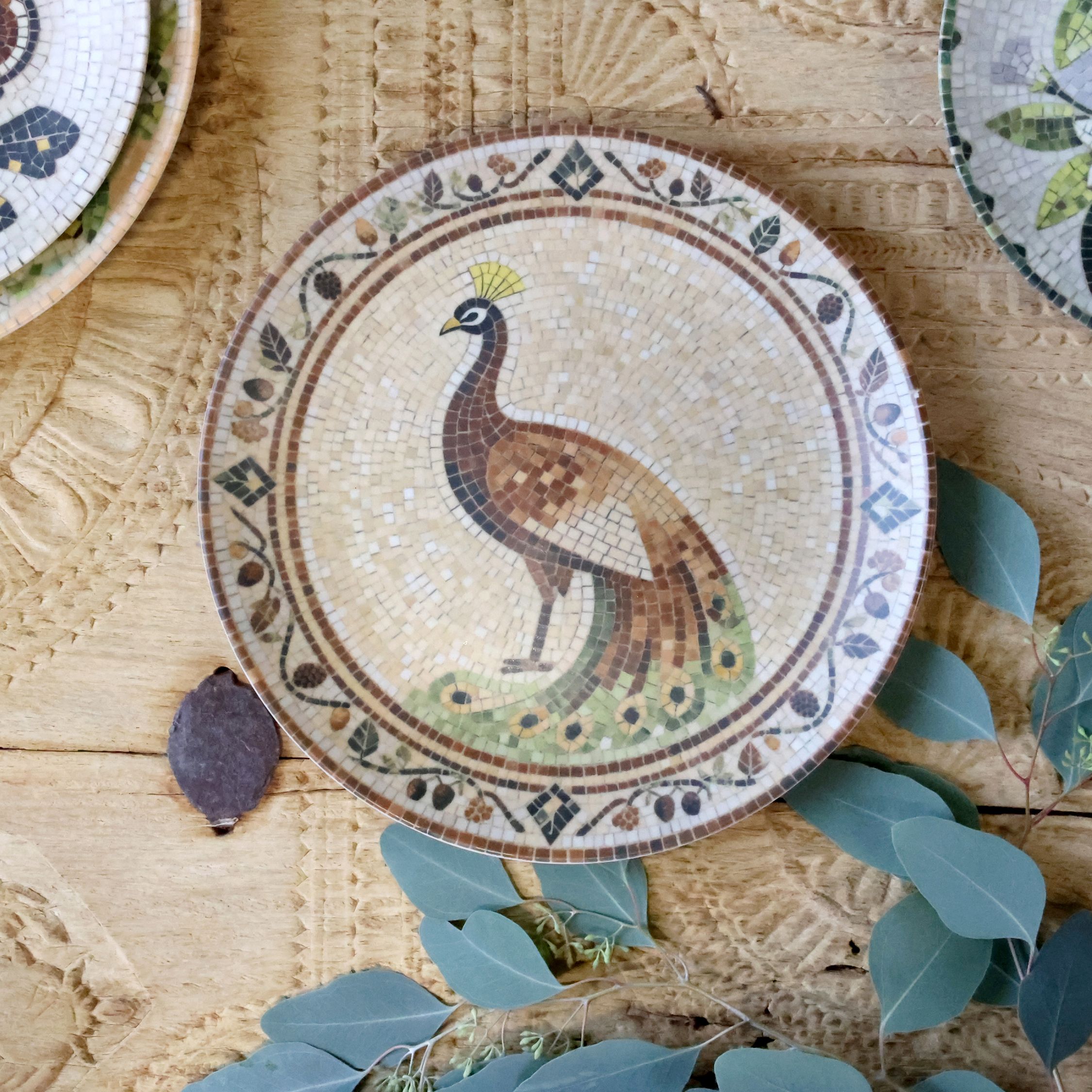 Mosaik Tablett Chartres mit Pfau, beige/mocca, 26,5 cm