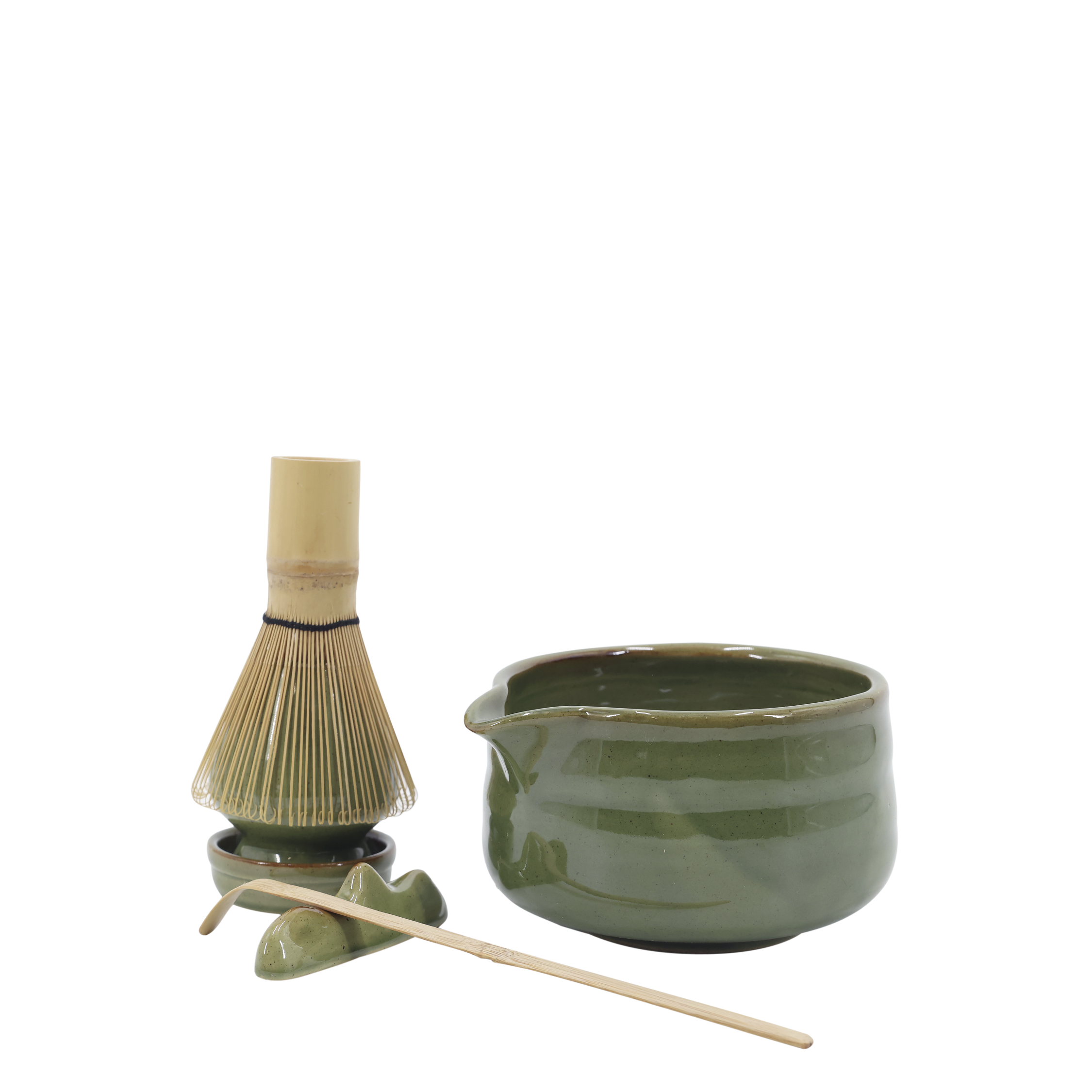 Matcha-Becher-Set mit 6 Teilen aus Steingut und Bambus, oliv