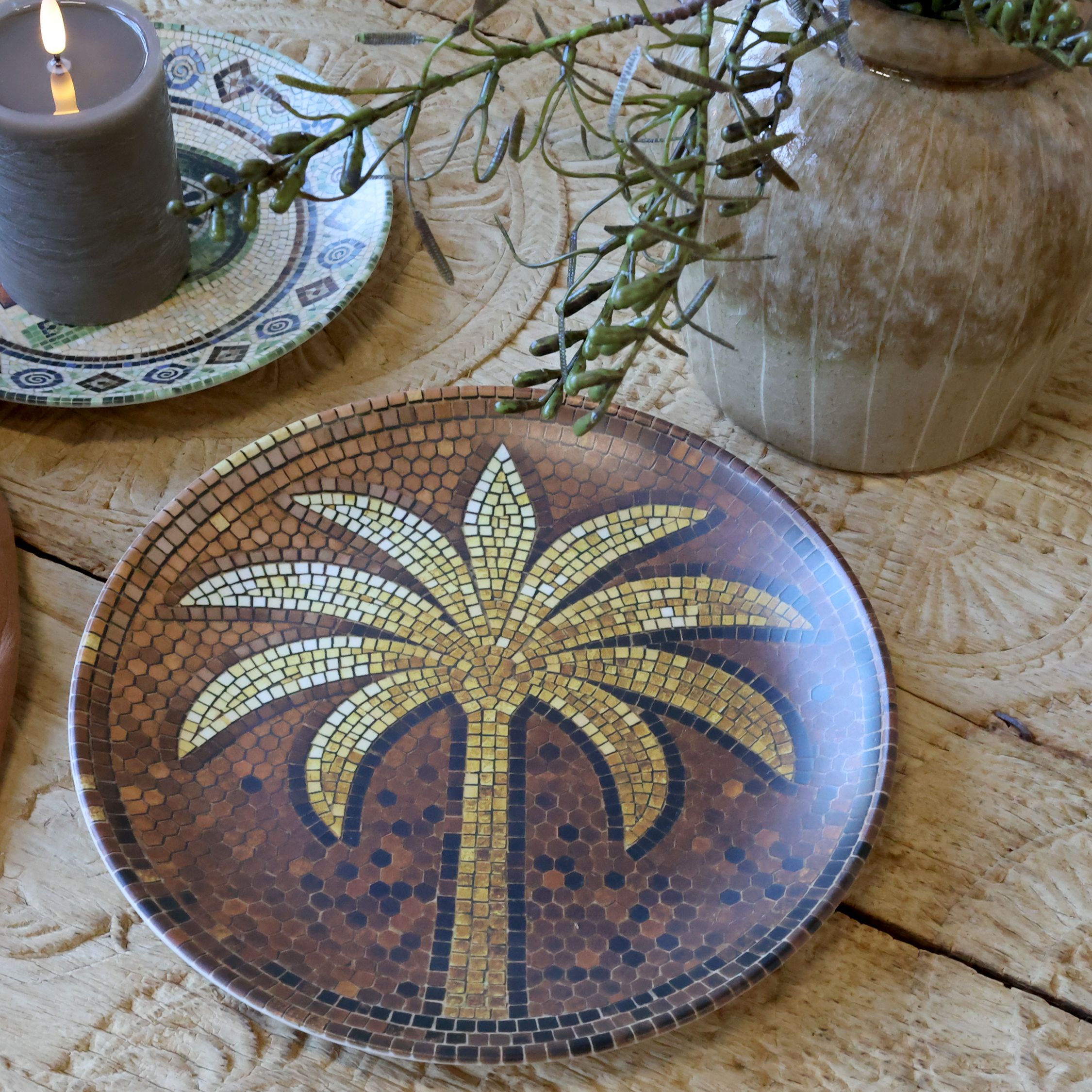 Mosaik Tablett mit Palme, Steingut, 26,5 cm