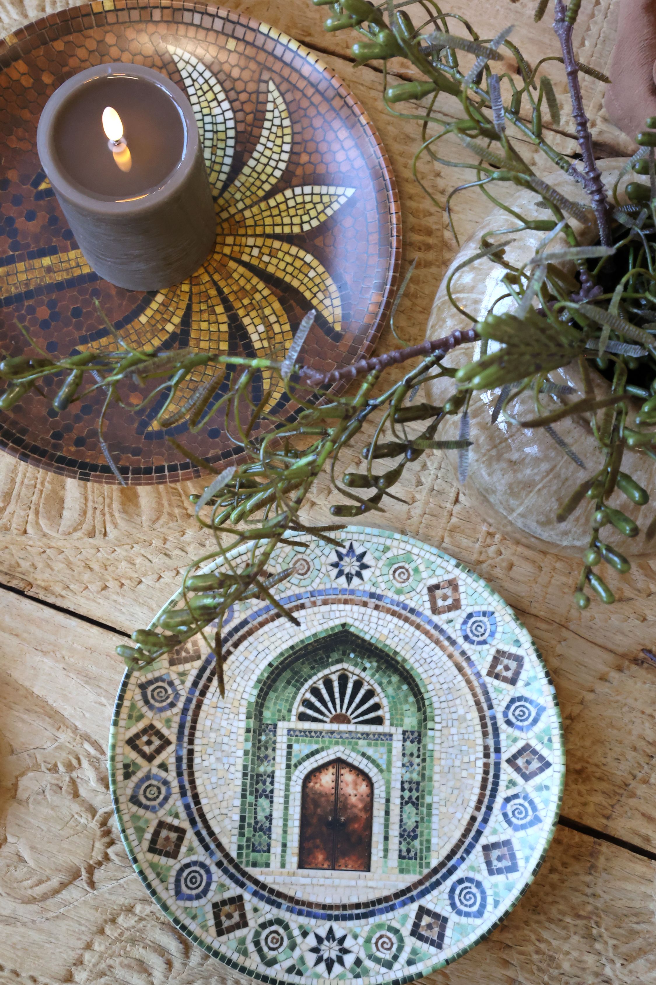 Mosaik Tablett mit Palme, Steingut, 26,5 cm