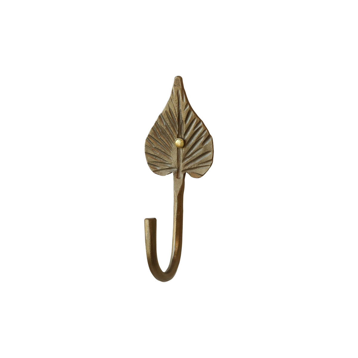 Haken mit Blatt aus Eisen in Antik-Messing, 11 cm hoch
