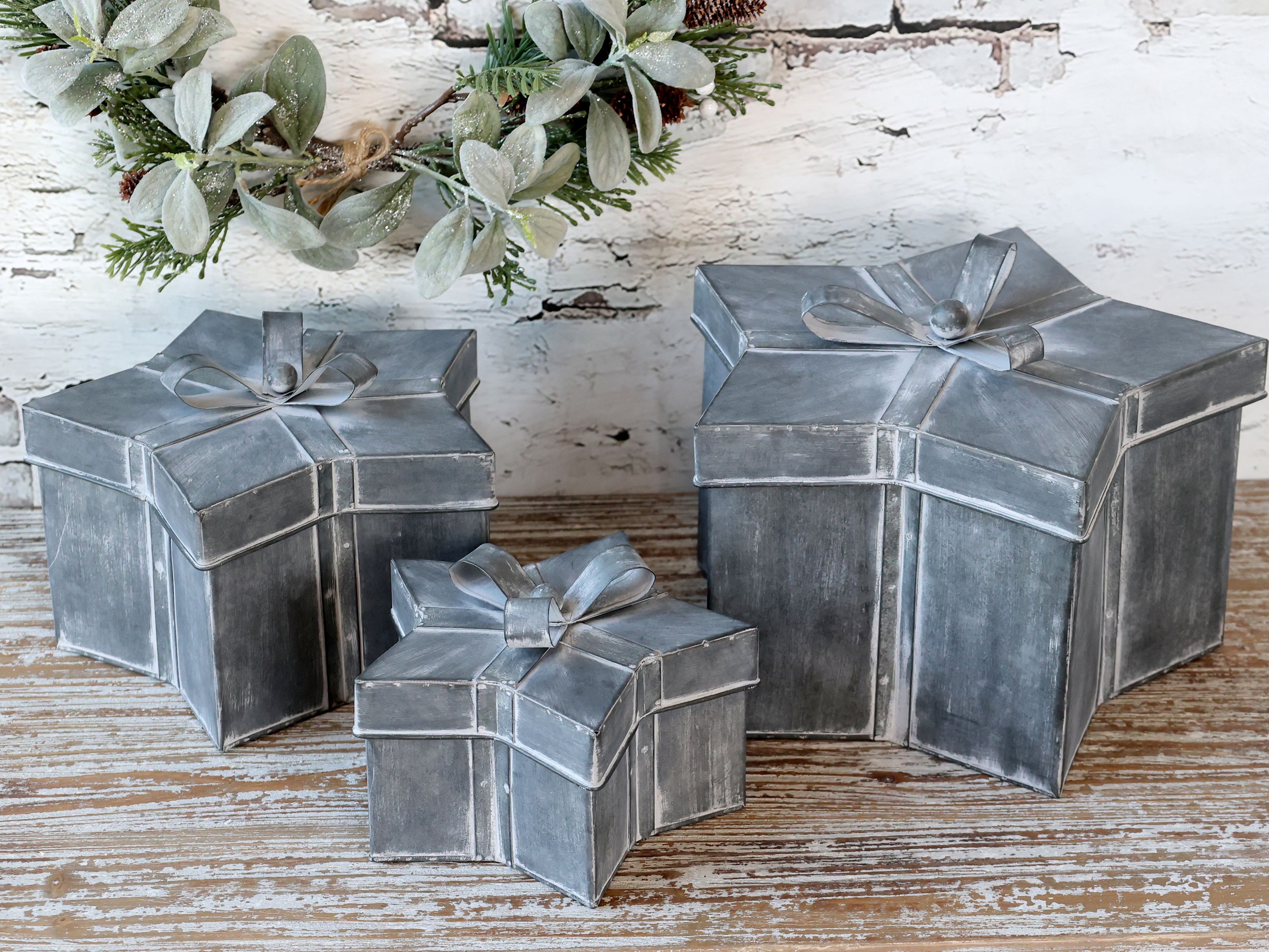 Geschenkbox mit Schleife, 3er-Set, antique zink