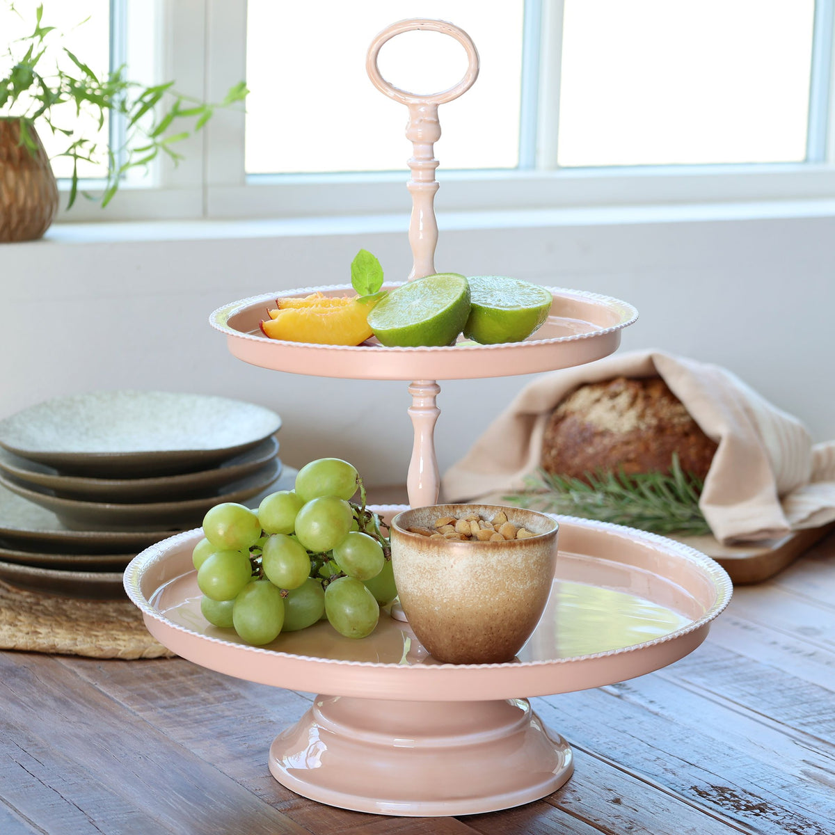 Etagere mit 2 Schüsseln, Eisen, Höhe 41 cm, rosa