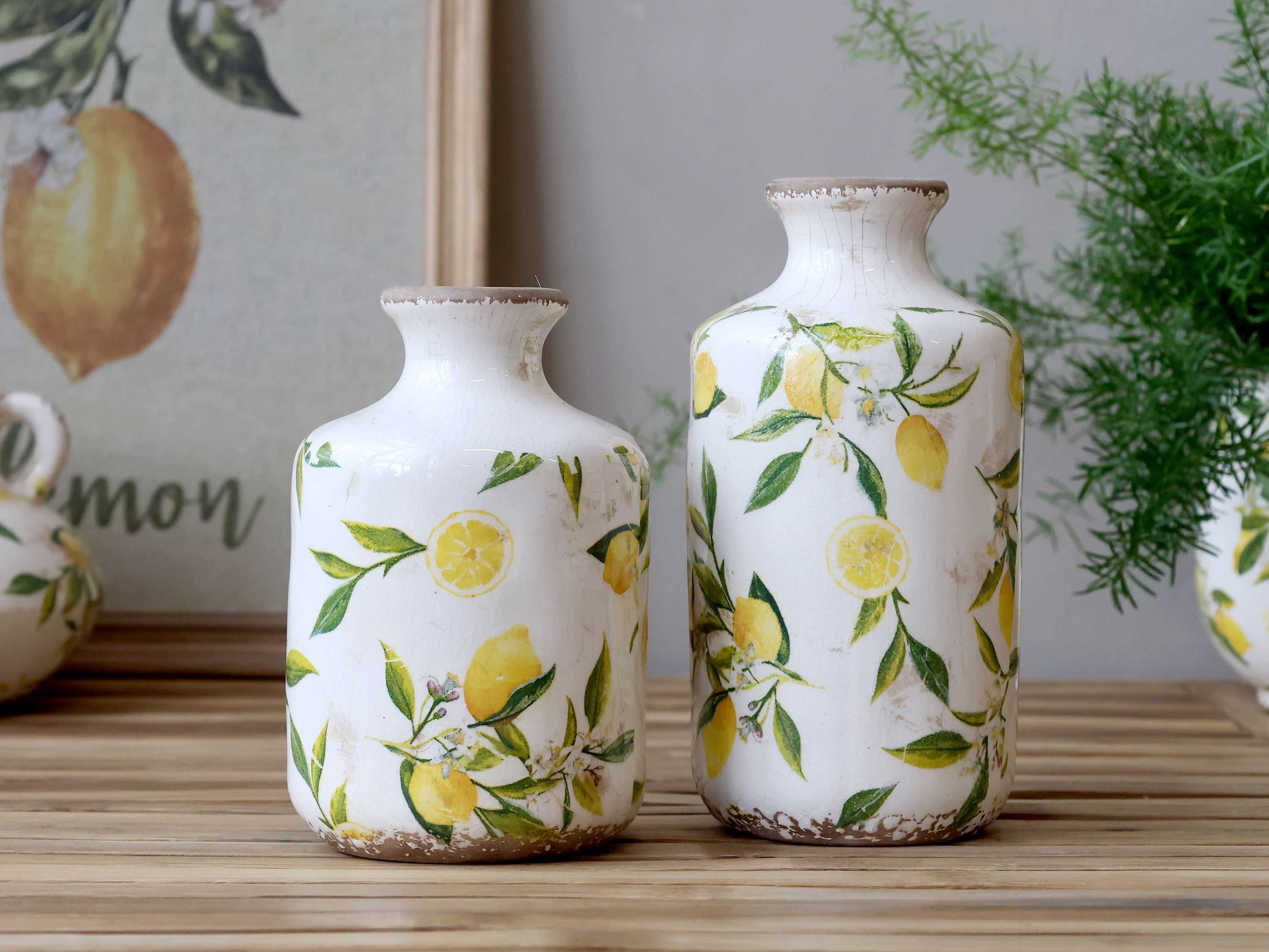 Limone Flasche mit Zitronenmotiv, 17 cm hoch, creme
