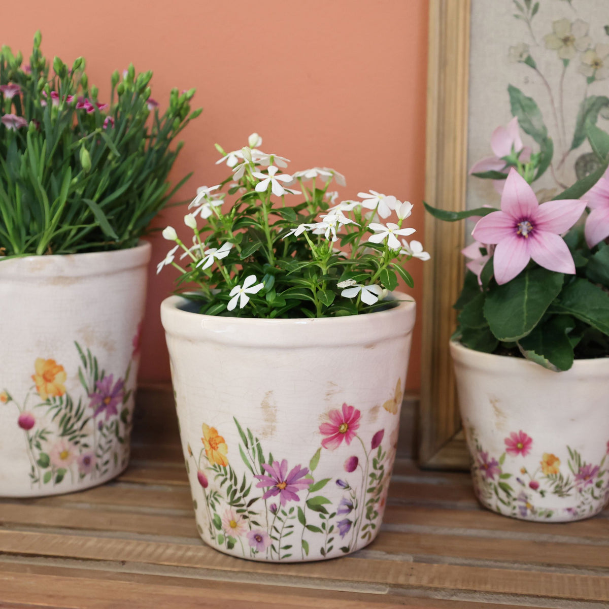 Übertopf Avignon mit Blumenmotiv, 13,5 cm hoch, creme