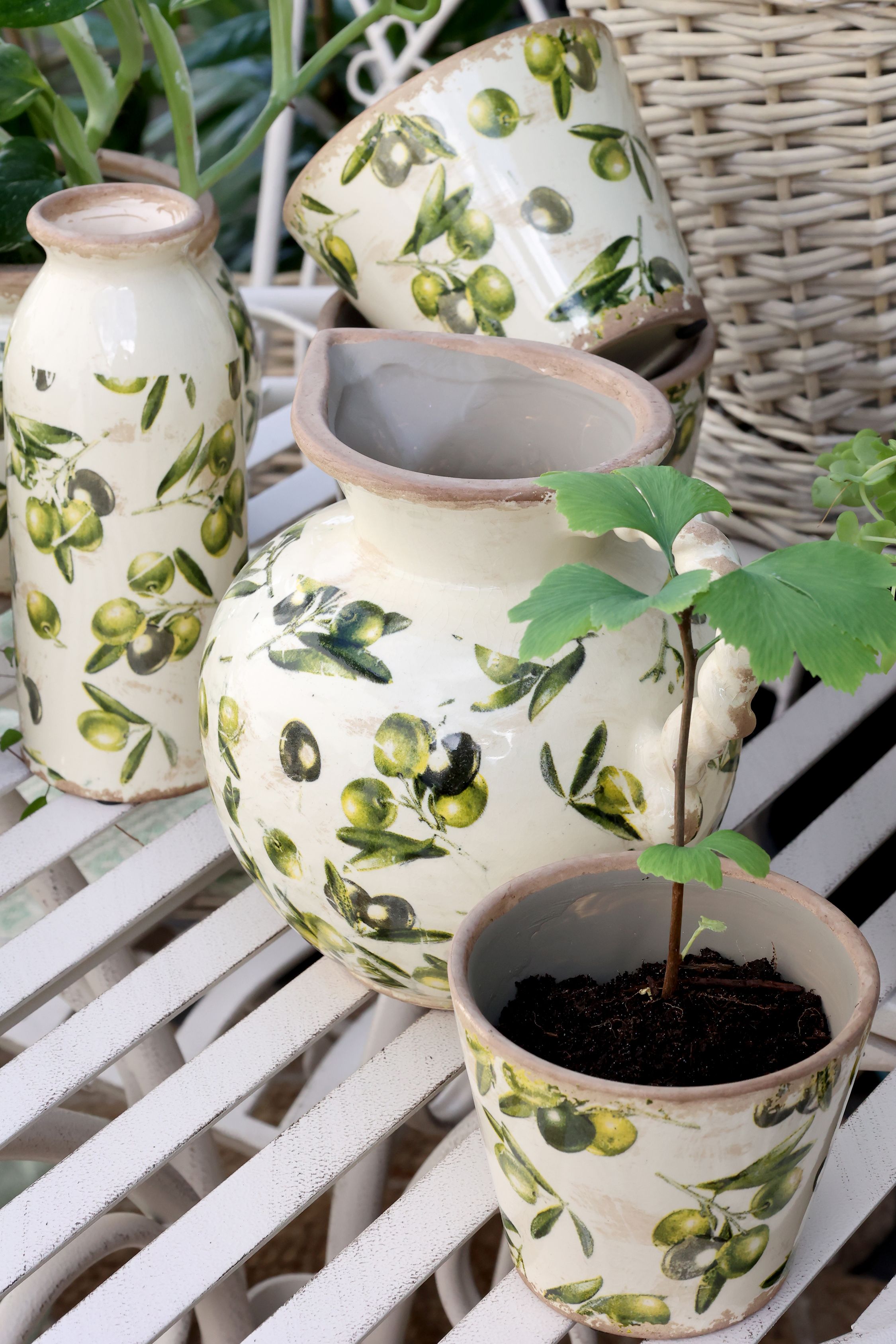 Olive Kanne mit Olivenmuster, 18,5 cm hoch, creme