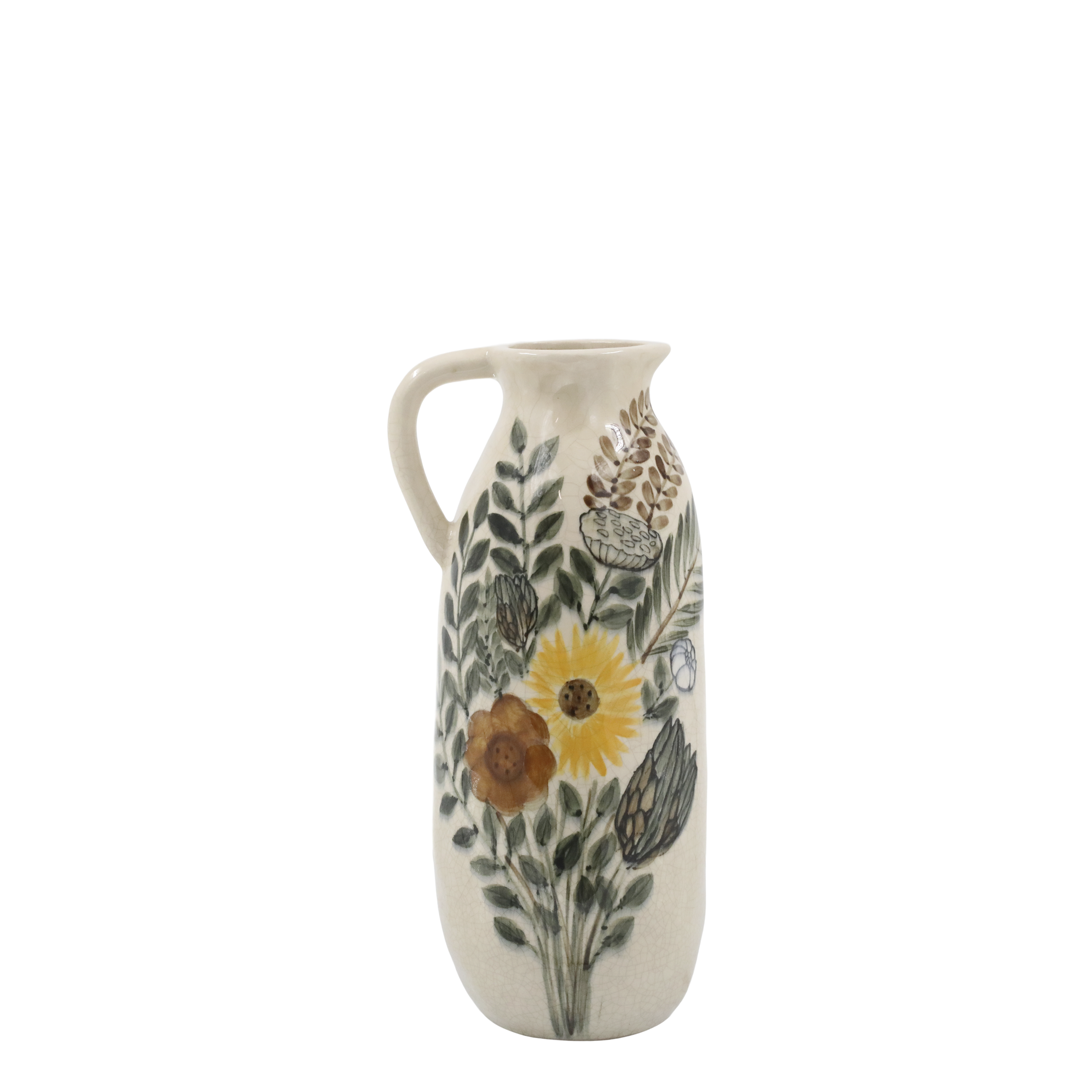 Kanne mit Blumenmotiv, 36 cm hoch, Steingut