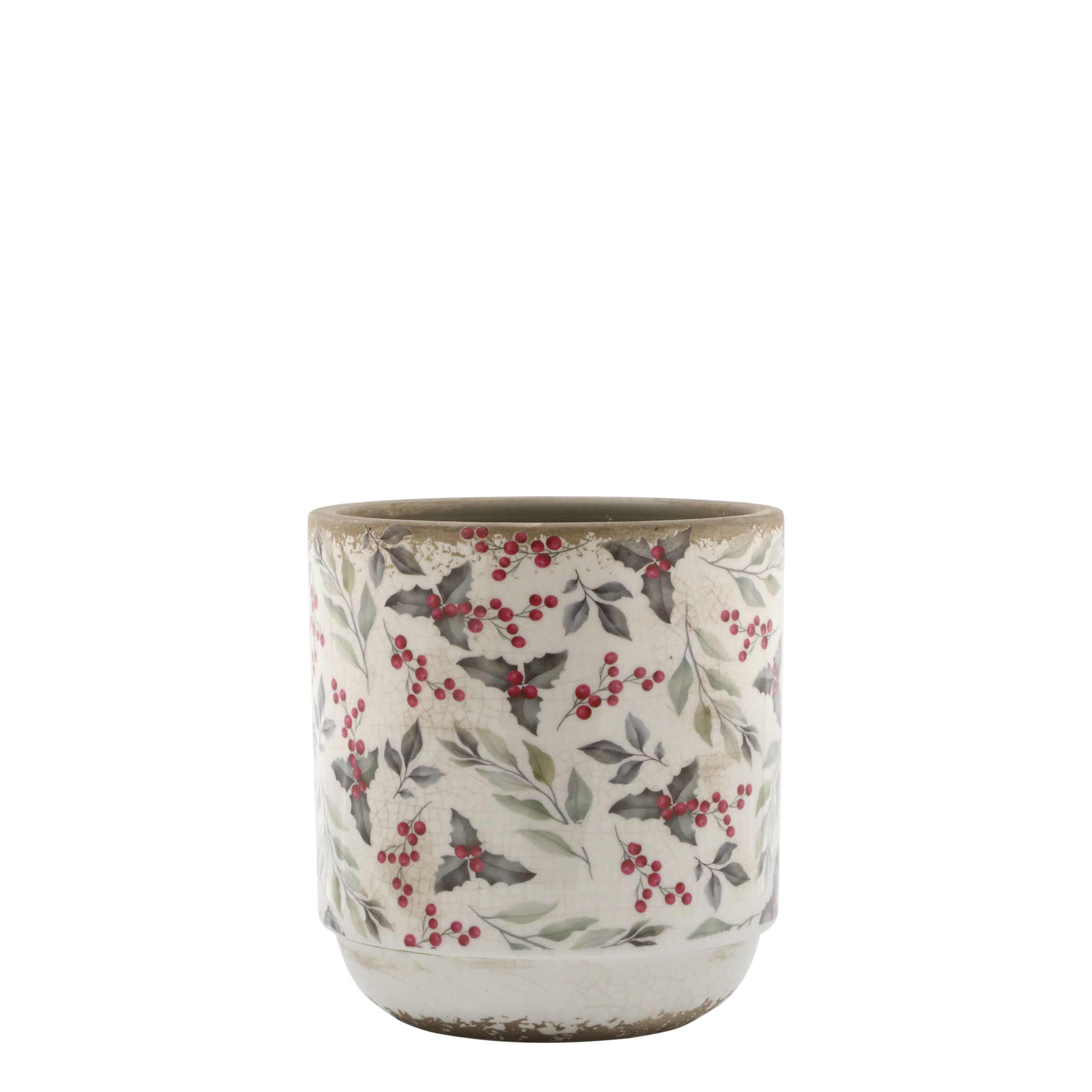 Übertopf mit Blättern und Beeren Motiv, 13,5 cm hoch, creme