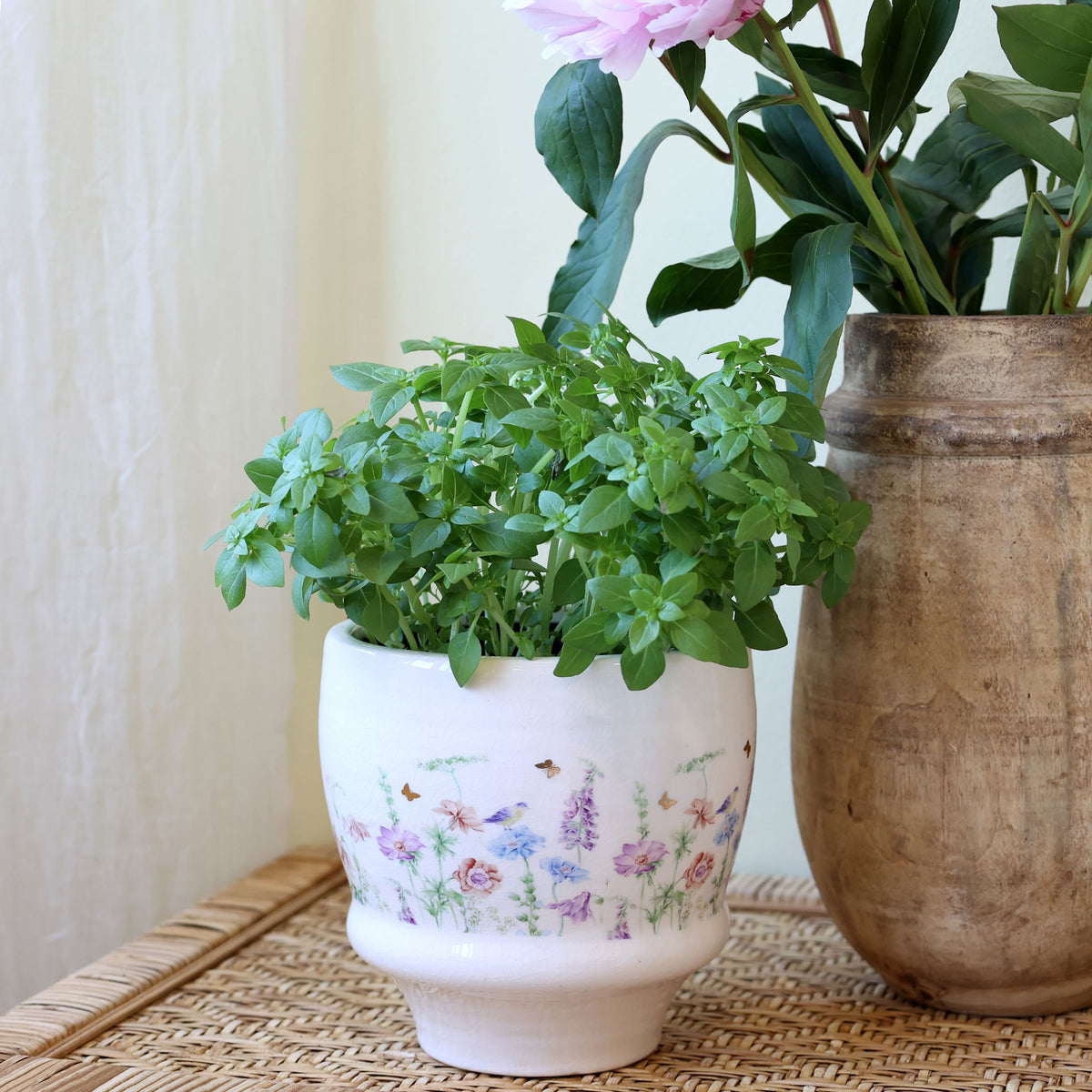 Blumen Übertopf Papillon aus Keramik, Creme, 14,5 cm hoch