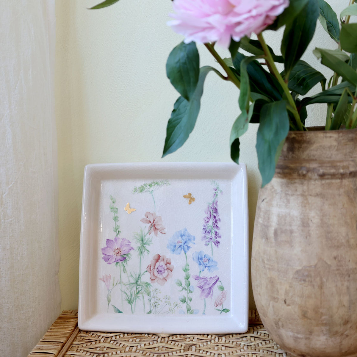 Papillon Keramik Tablett mit Blumen, 21,5 cm, creme