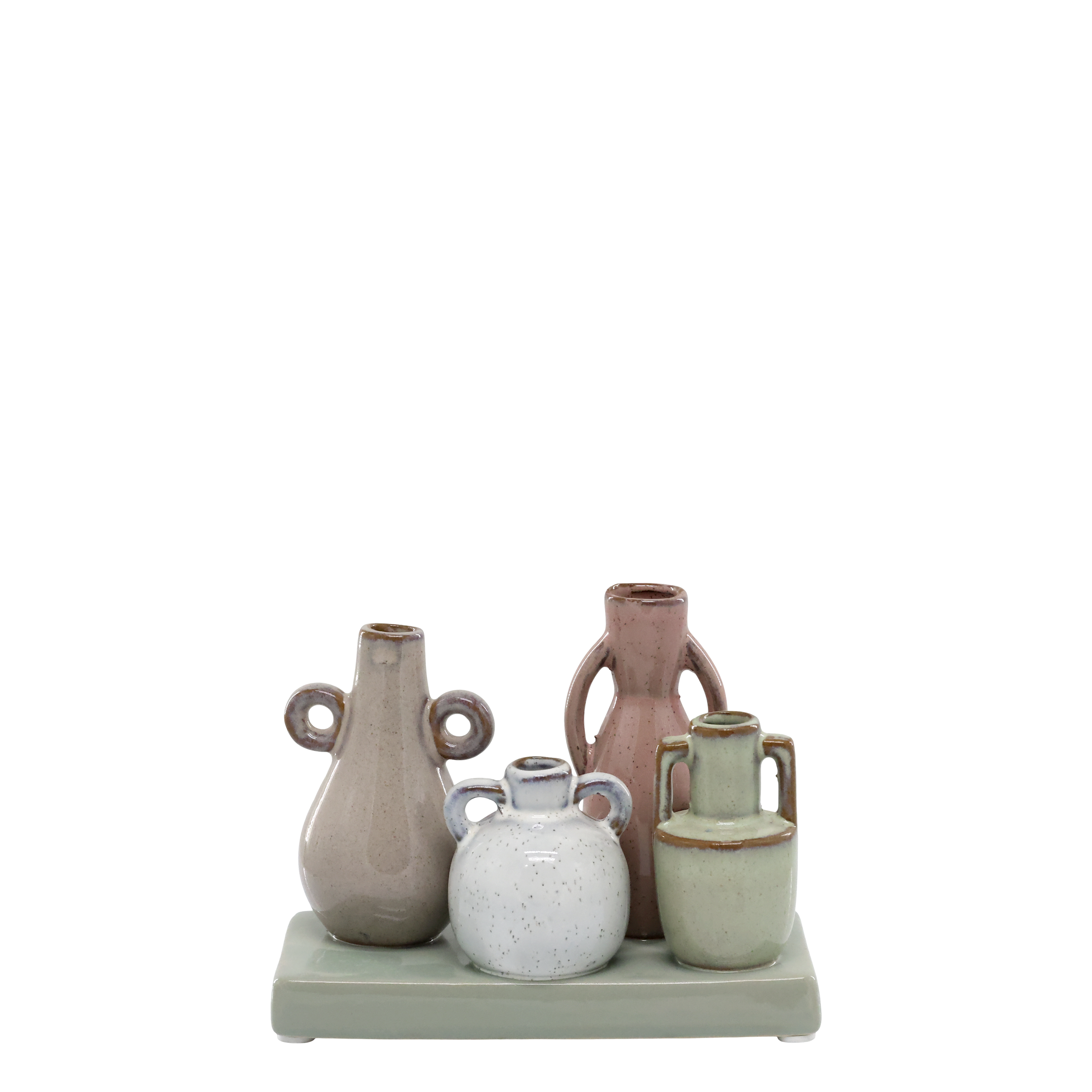 Mehrfarbige Vase auf Tablett, Steingut, 11 cm hoch