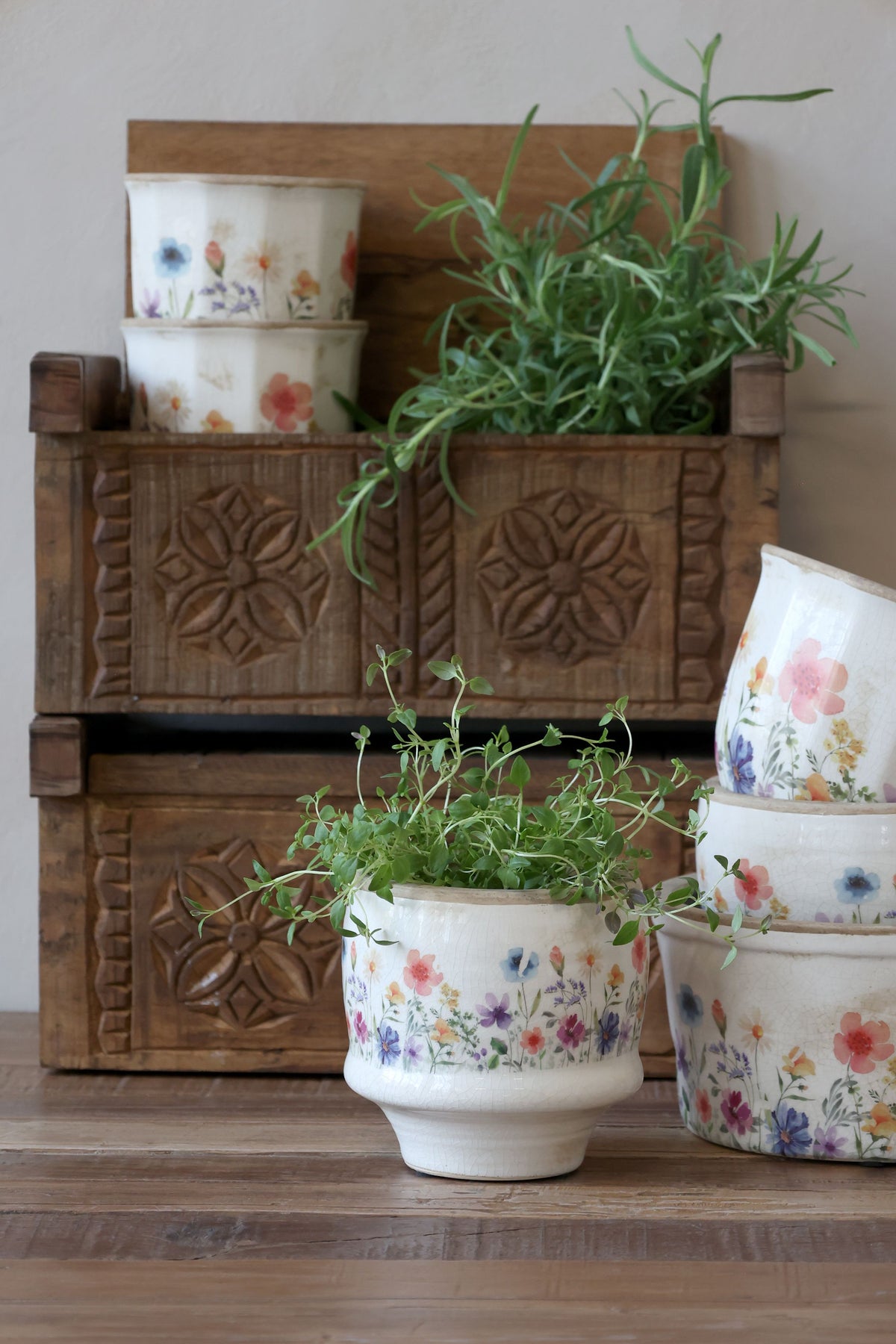 Fleurville Übertopf mit Blumenmotiv, creme, 12,5 cm hoch