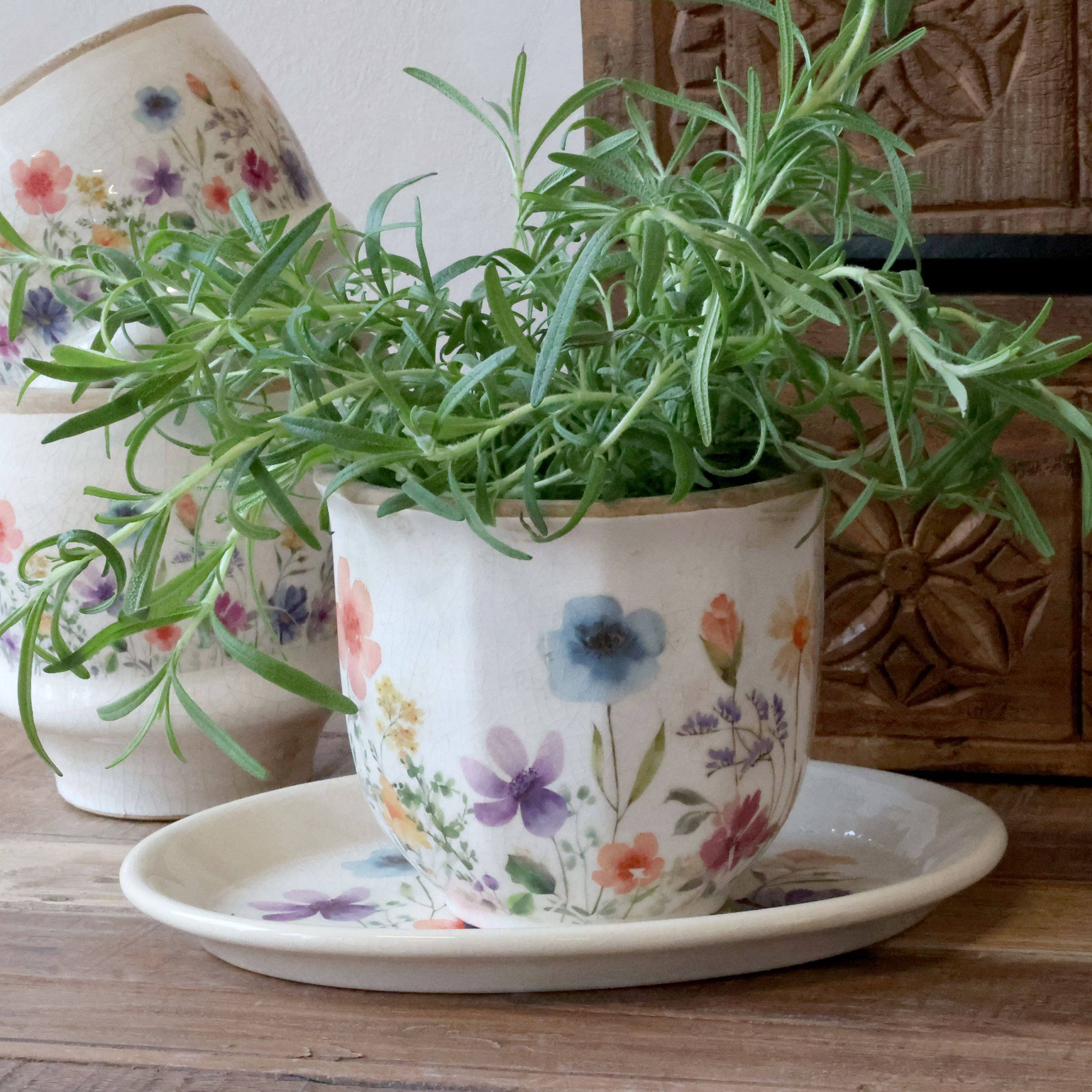 Fleurville Übertopf mit Blumenmotiv, 12,5 cm hoch, creme