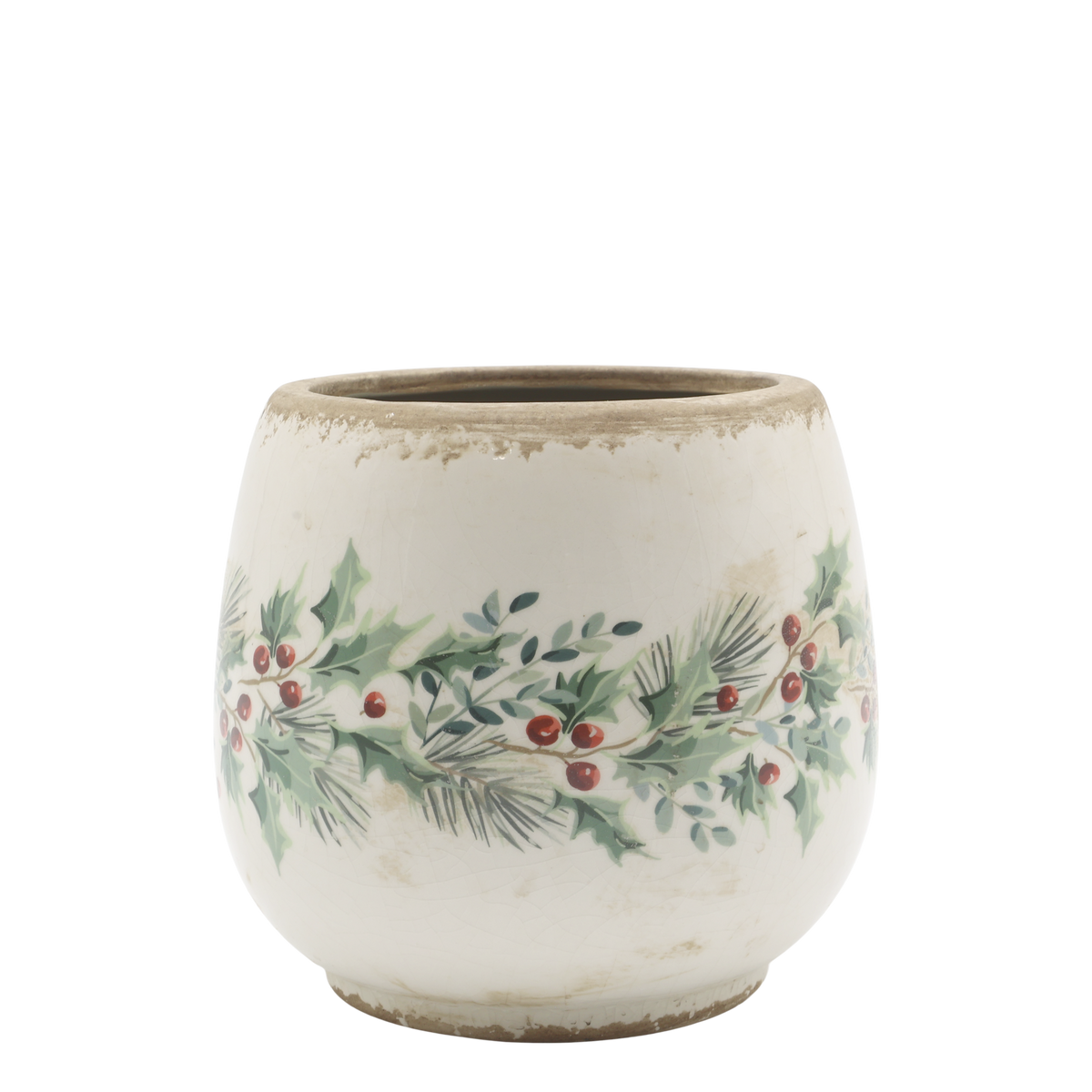 Übertopf mit Stechpalme, Steingut, creme, 16,5 cm hoch