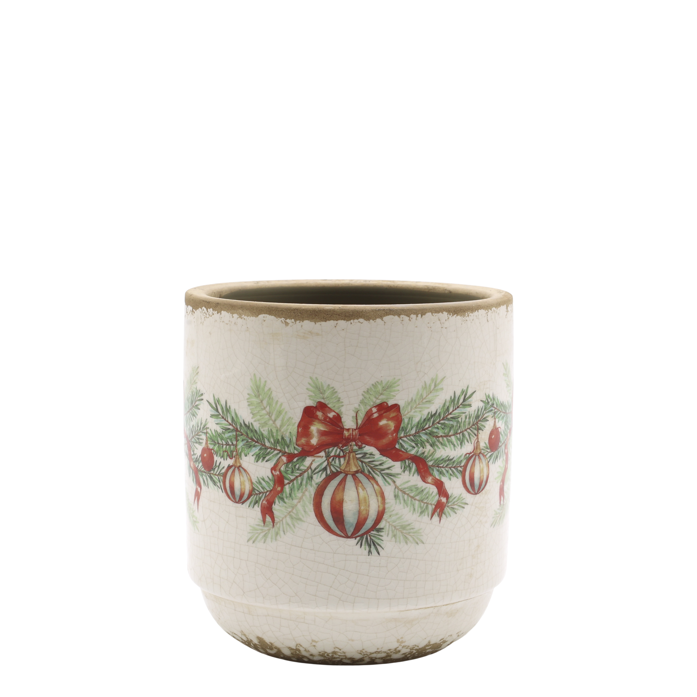 Übertopf mit Weihnachtskugel und Schleife, creme, Steingut
