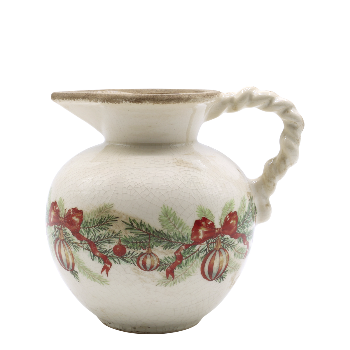 Kanne mit Weihnachtskugel und Schleife, Steingut, creme
