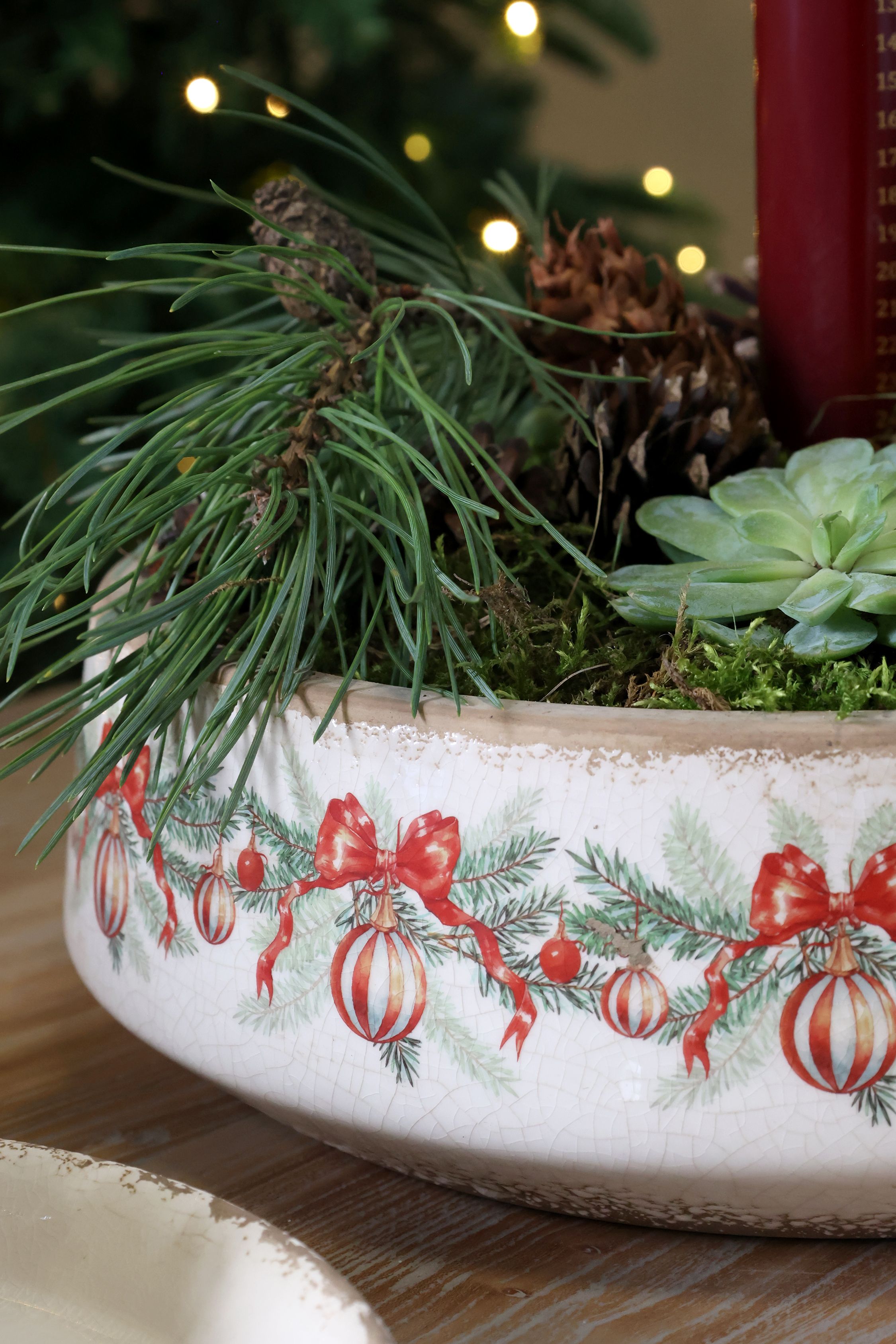 Tablett mit Weihnachtskugel und Schleife, 30 cm, creme
