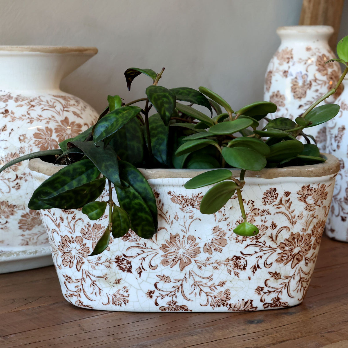 Grenoble Übertopf mit Blumenmotiv, Mokka, 22,5 cm lang