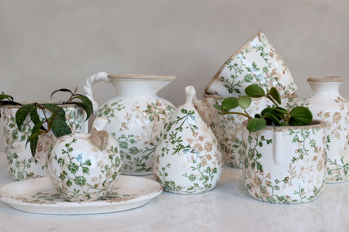 Grasse Übertopf mit Zweigmotiv, Keramik, creme, 13 cm hoch