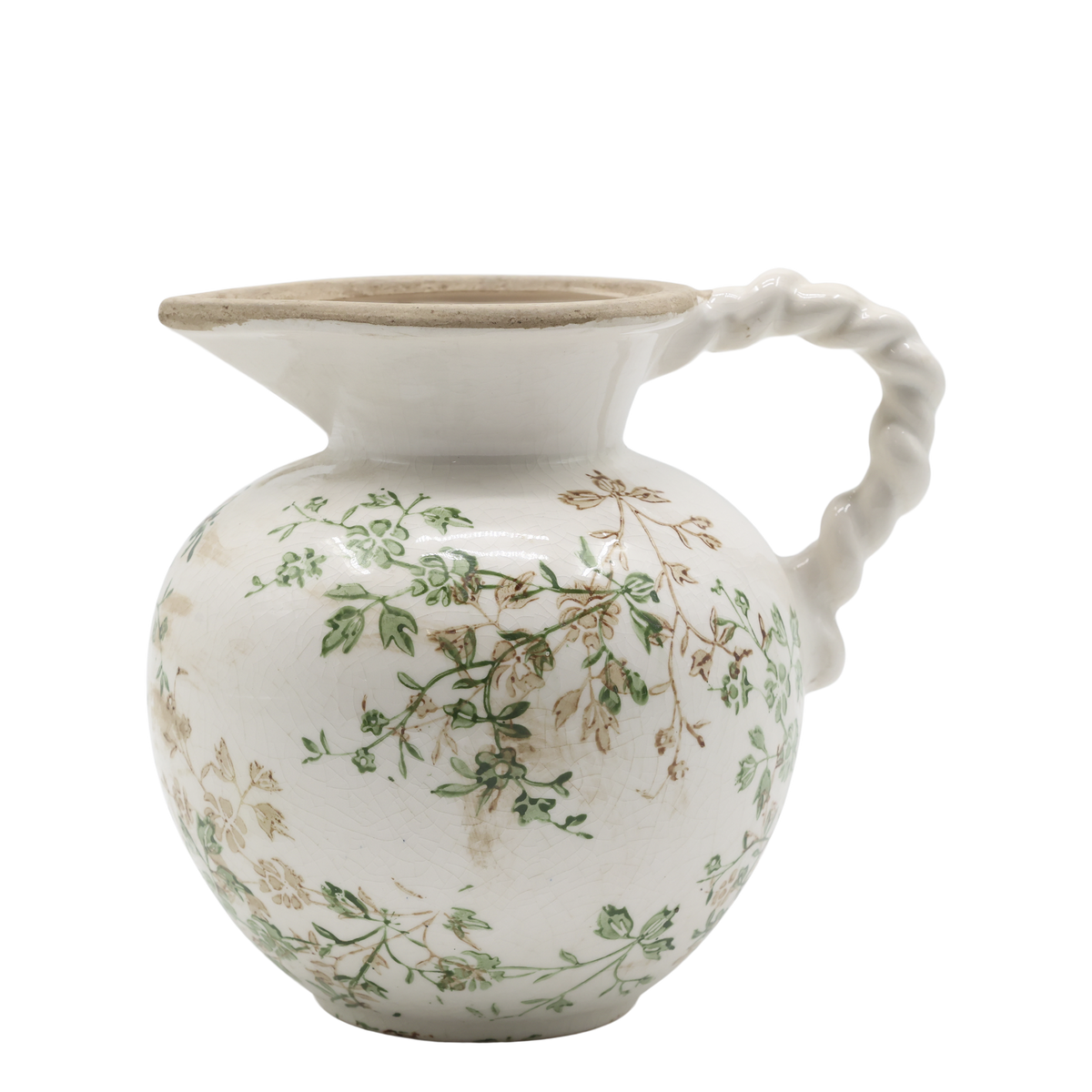 Übertopf Kanne mit Zweigmotiv, 18,5 cm hoch, creme