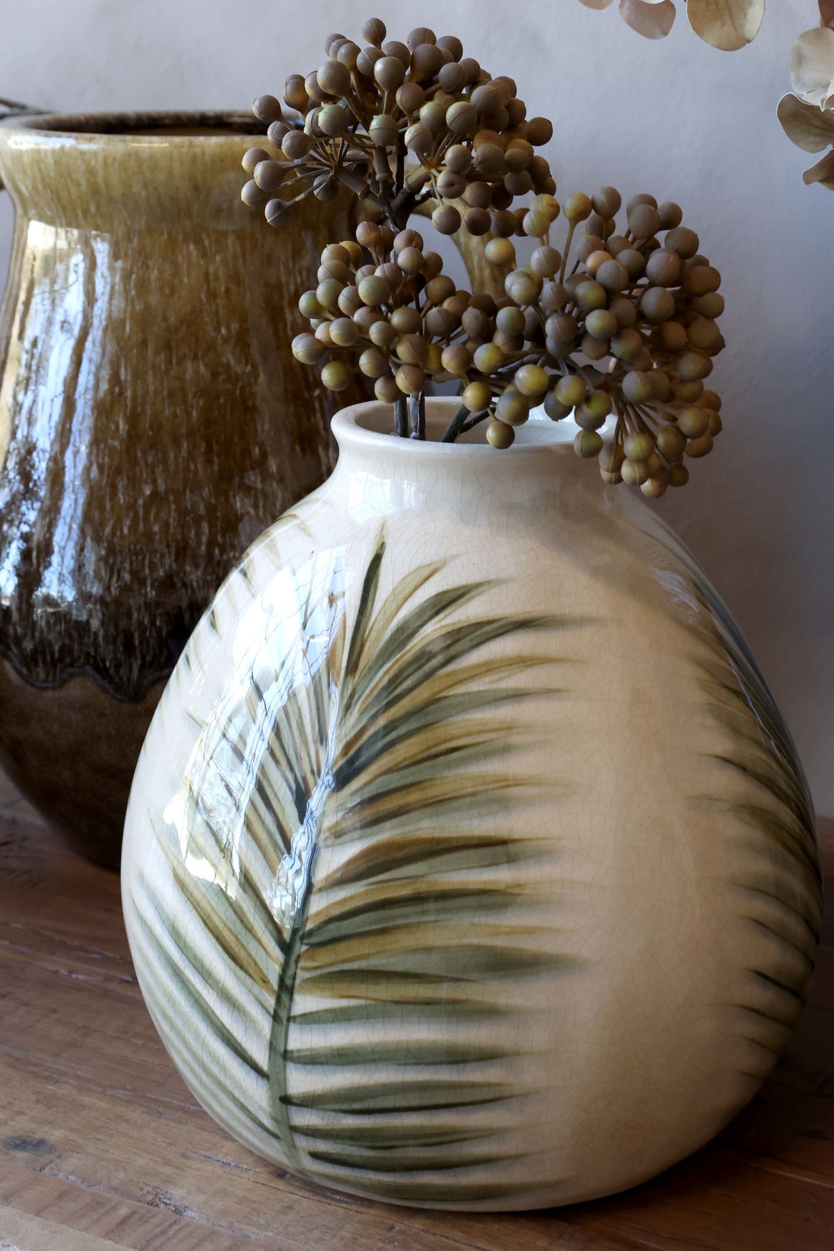 Vase mit Blattmuster, 23 cm hoch, creme