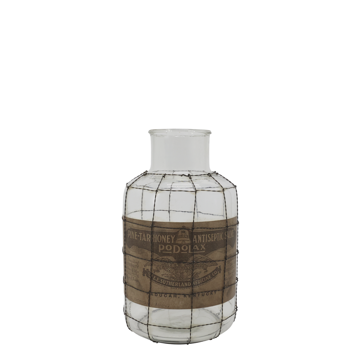 Altfranzösische Flasche mit Netz – Glas & Messing, 32 cm