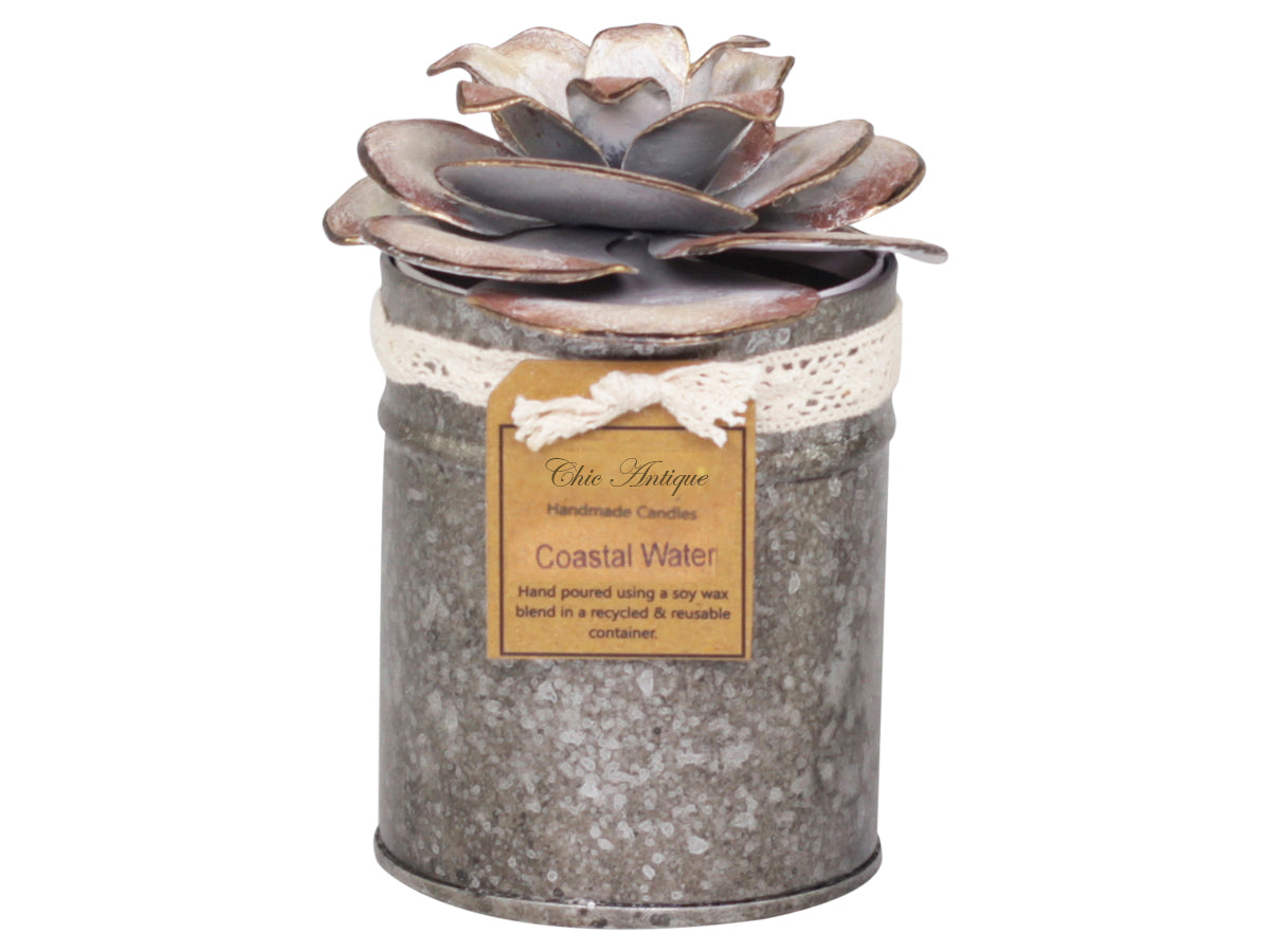 French scented candle w. rose deco 48 h H14/D10 cm coastal water