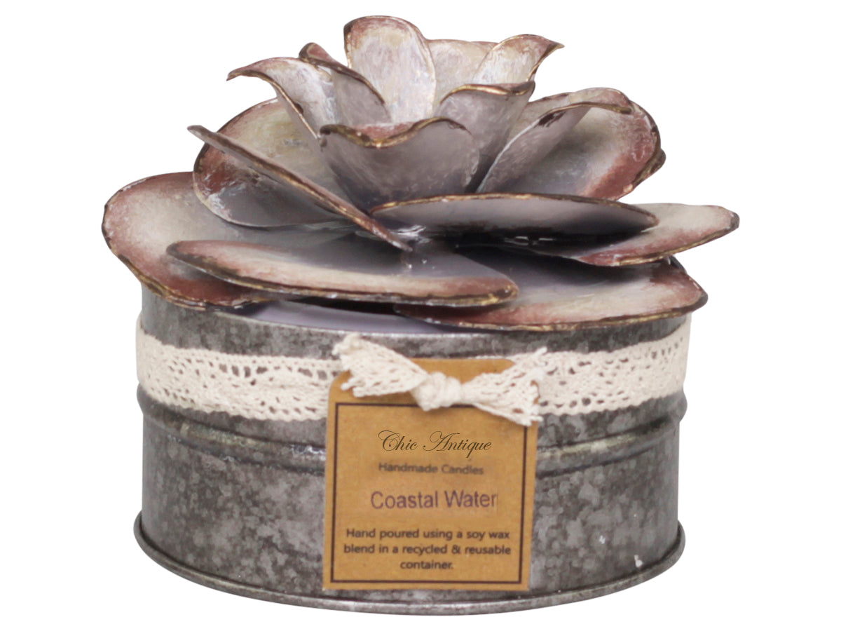 French scented candle w. rose deco 40 h H10/D12 cm coastal water