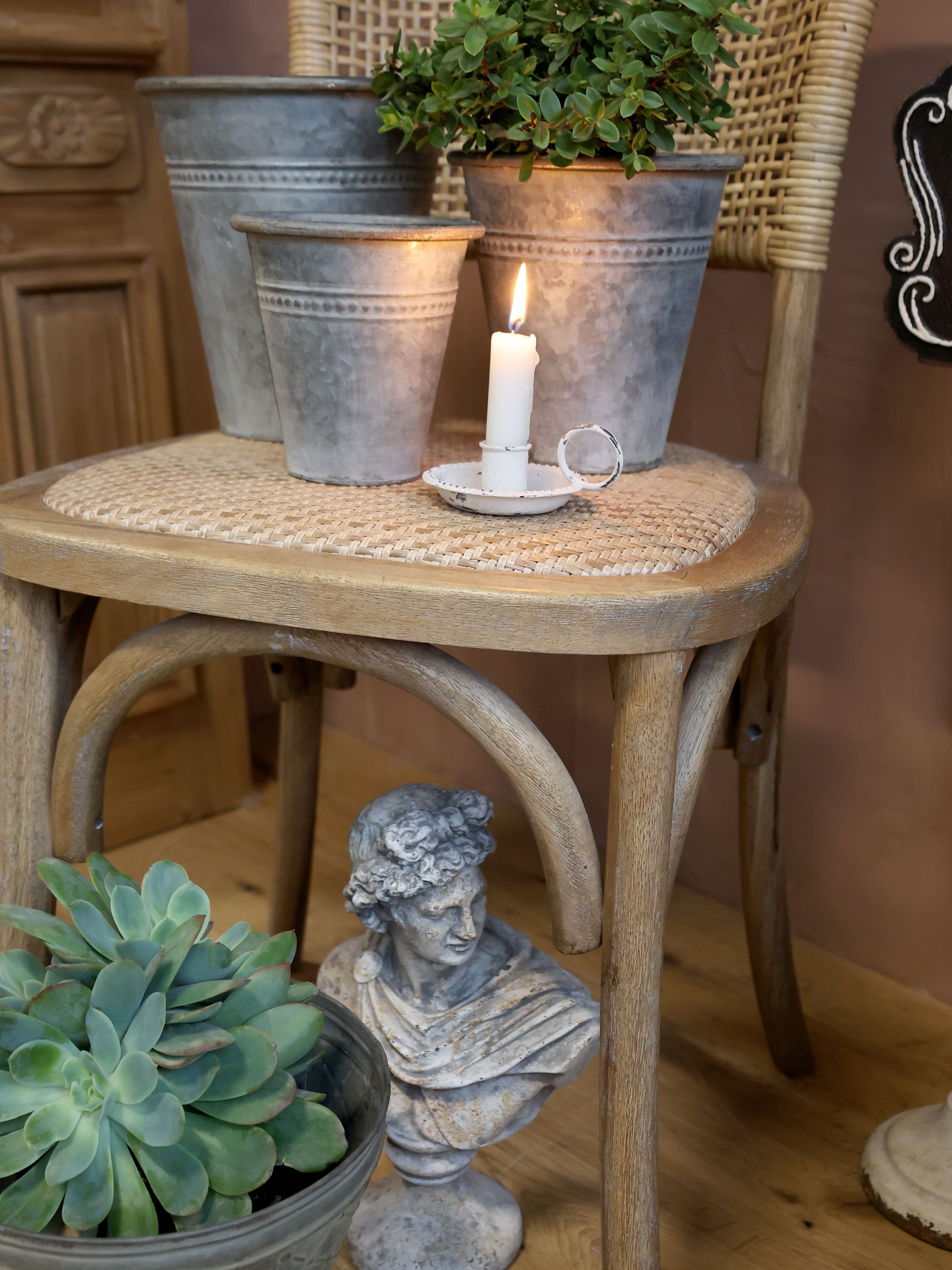 Kammerleuchter mit Perlkante aus Eisen, antique creme