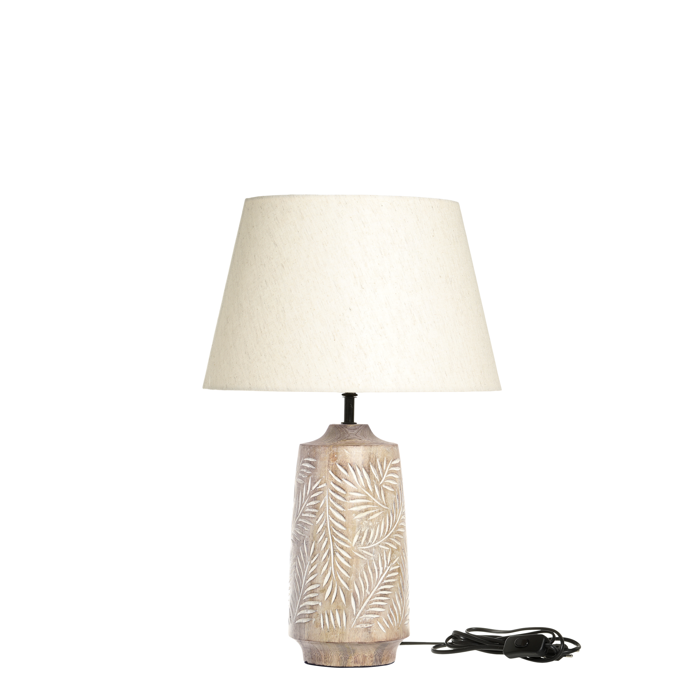 Tischlampe mit Holzfuss und Leinenschirm, natur, 57 cm hoch