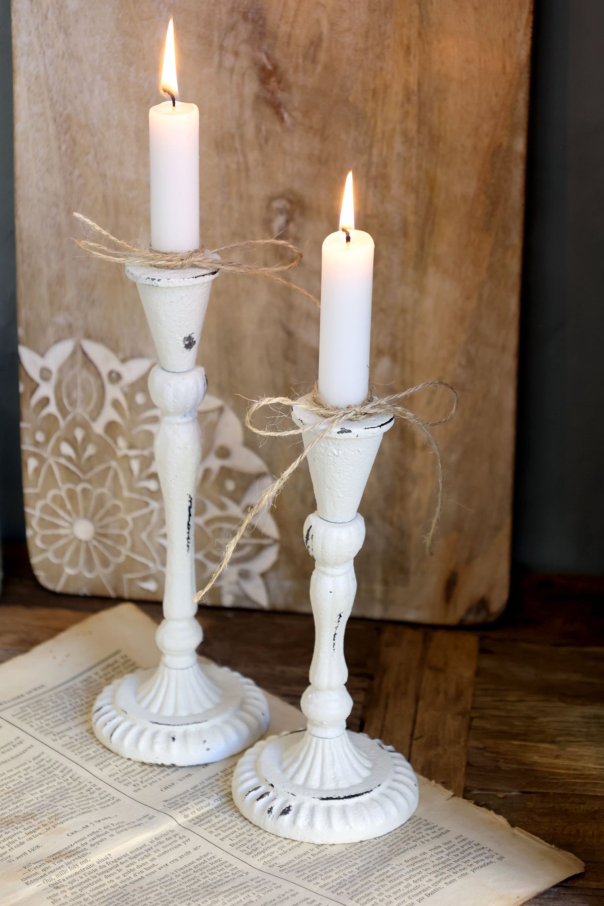 Kerzenständer aus Eisen, Antique Creme, 18,5 cm hoch