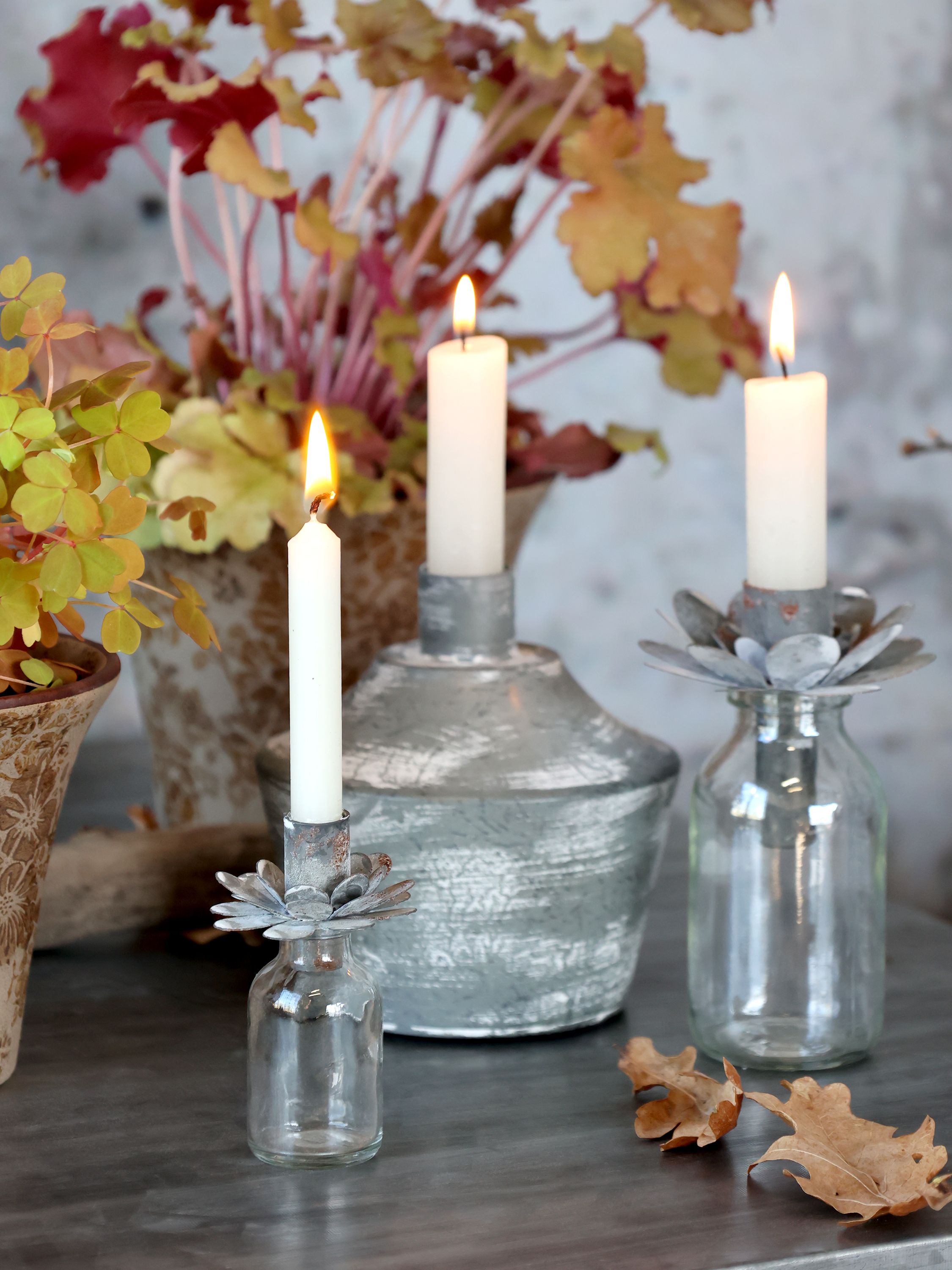 Kerzenständer für Stabkerzen, Glas & Eisen, antique zink