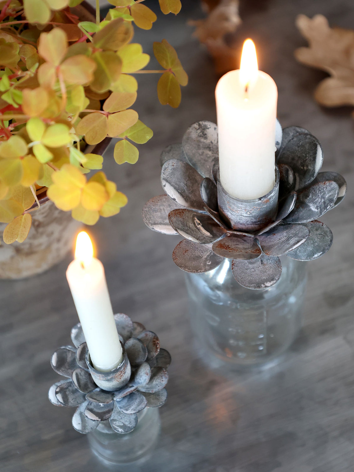 Kerzenständer für Stabkerzen, Glas & Eisen, antique zink