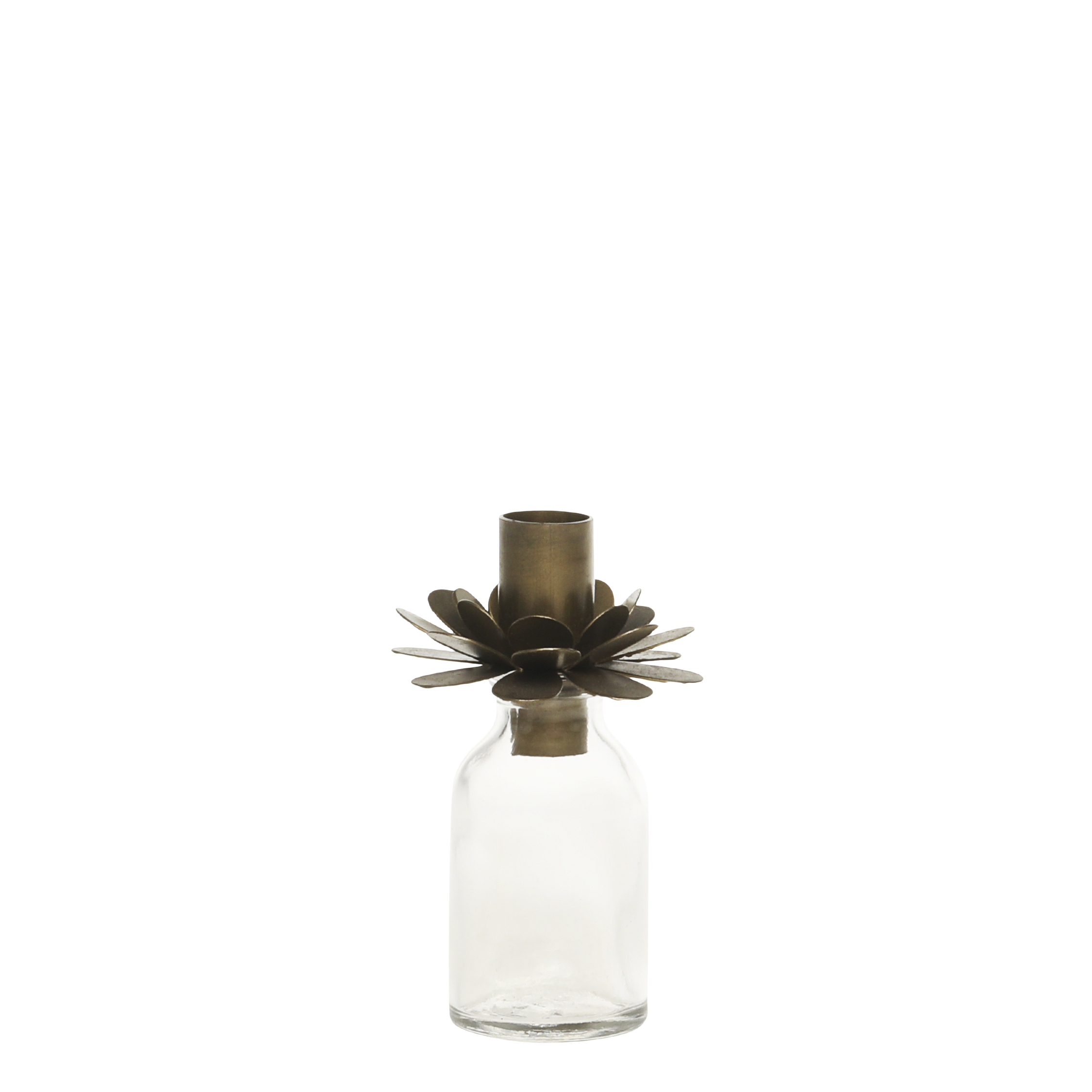 Kerzenständer für Stabkerzen, Glas & Eisen, antik messing