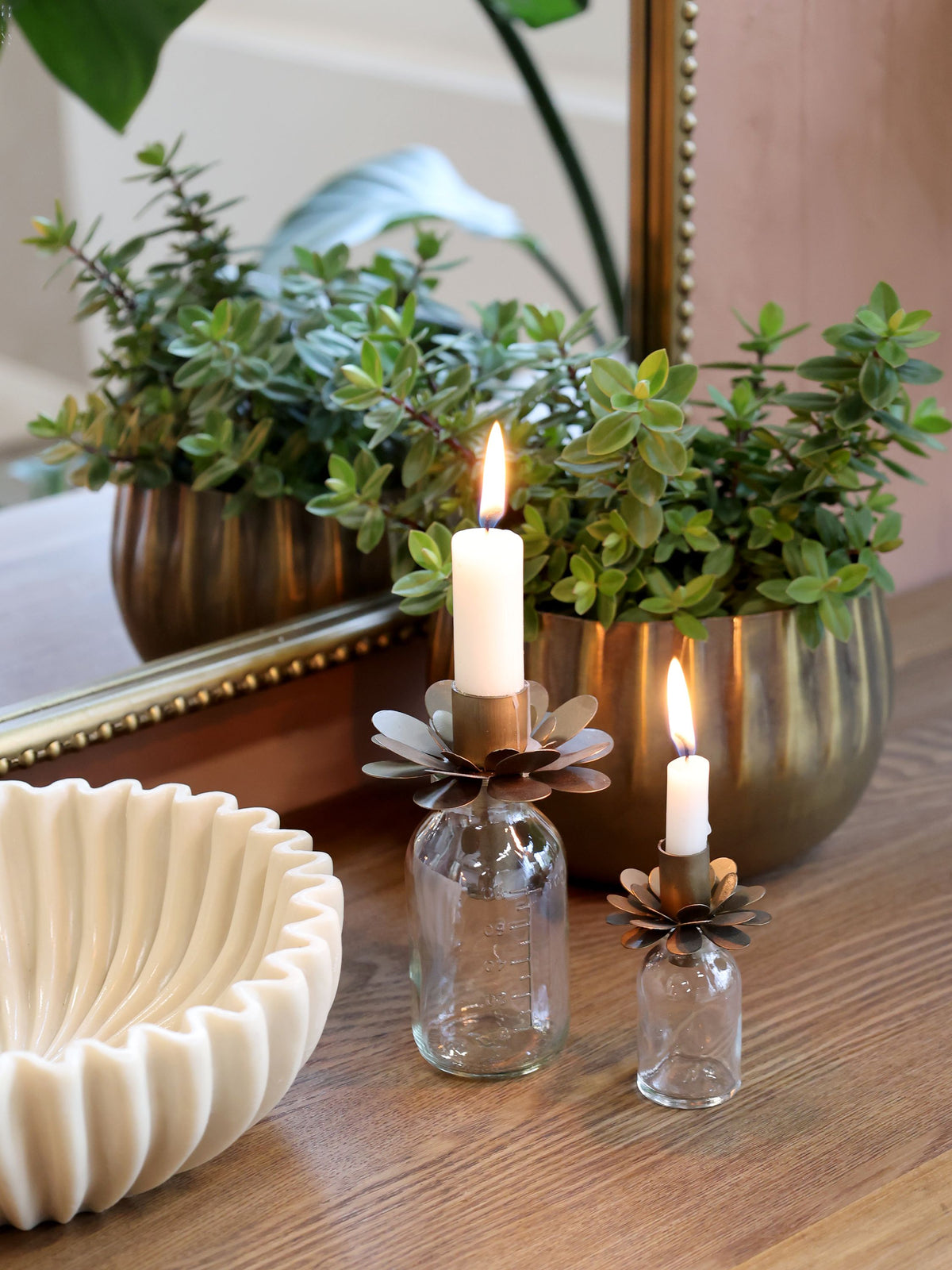 Kerzenständer für Stabkerzen, Glas & Eisen, antik messing