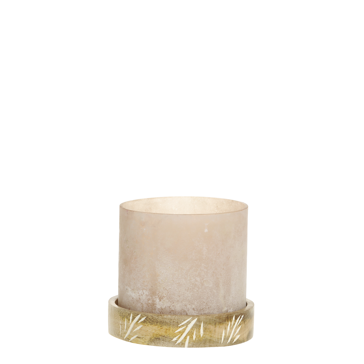 Windlicht aus Glas mit Mangoholz-Sockel in Antique Rosa