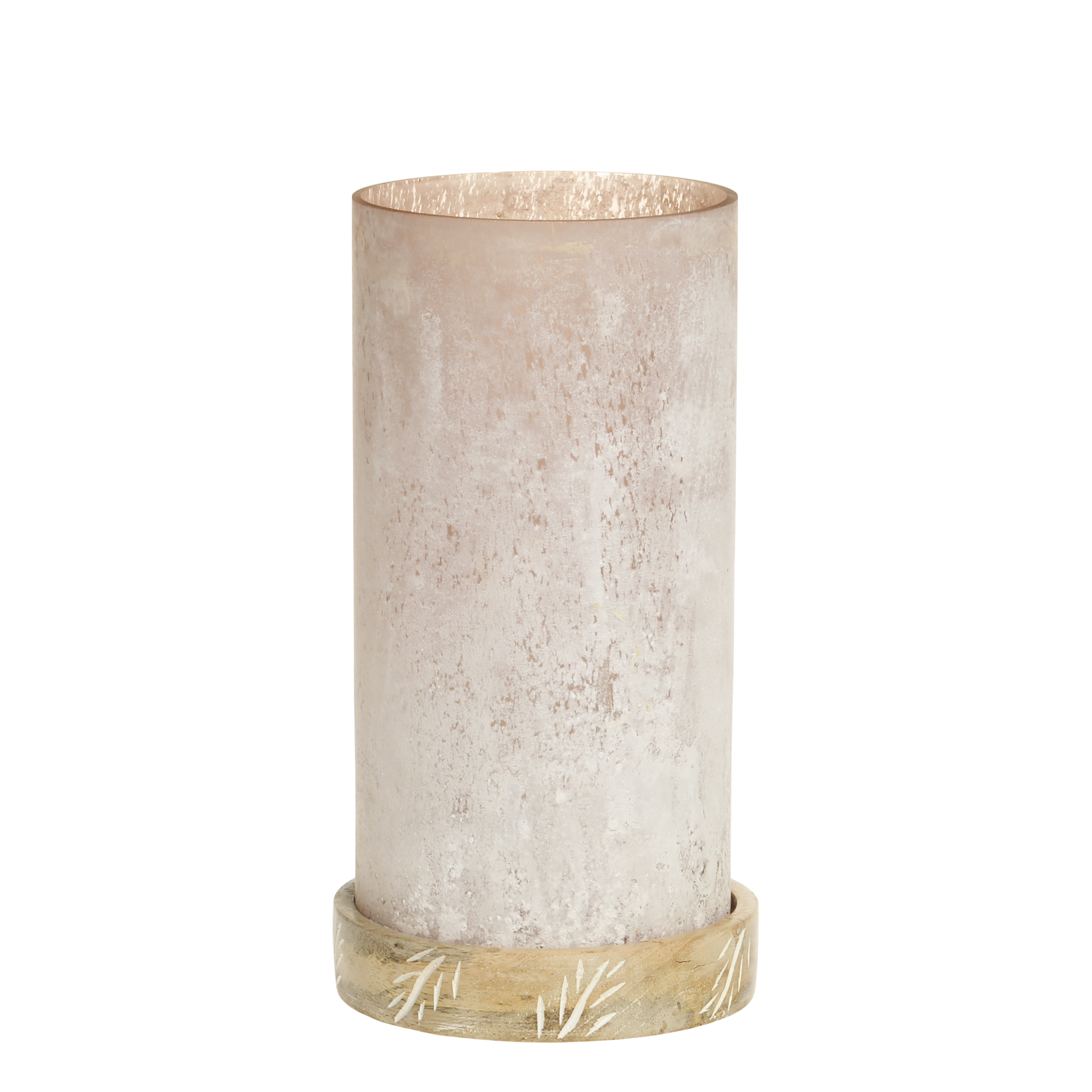 Windlicht aus Glas mit Holz-Sockel, antik rosa, 22 cm
