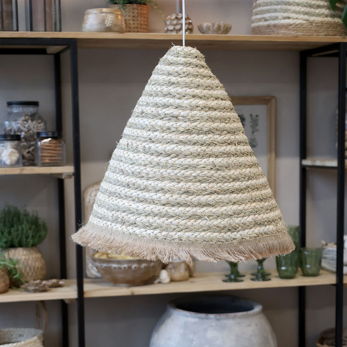Lampenschirm aus Maisseil und Gras, 45 cm hoch, natur